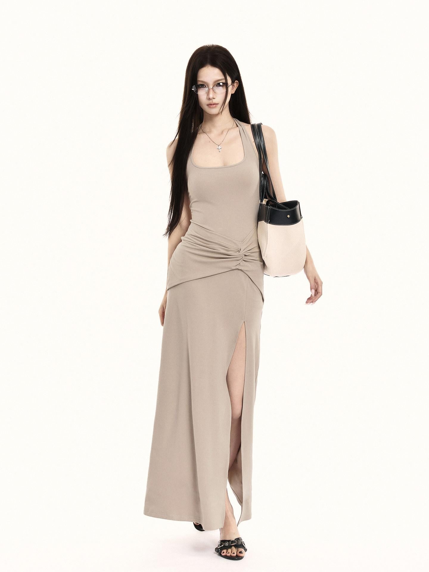 VOCK Backless Knit Side Slit Women's Cotton Blend Halter Maxi Dresses