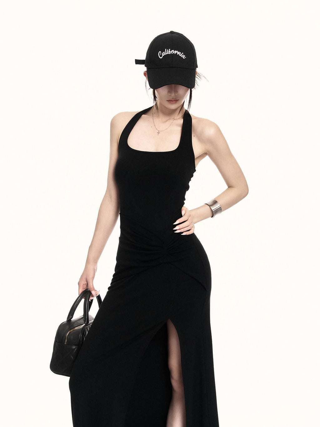 VOCK Backless Knit Side Slit Women's Cotton Blend Halter Maxi Dresses