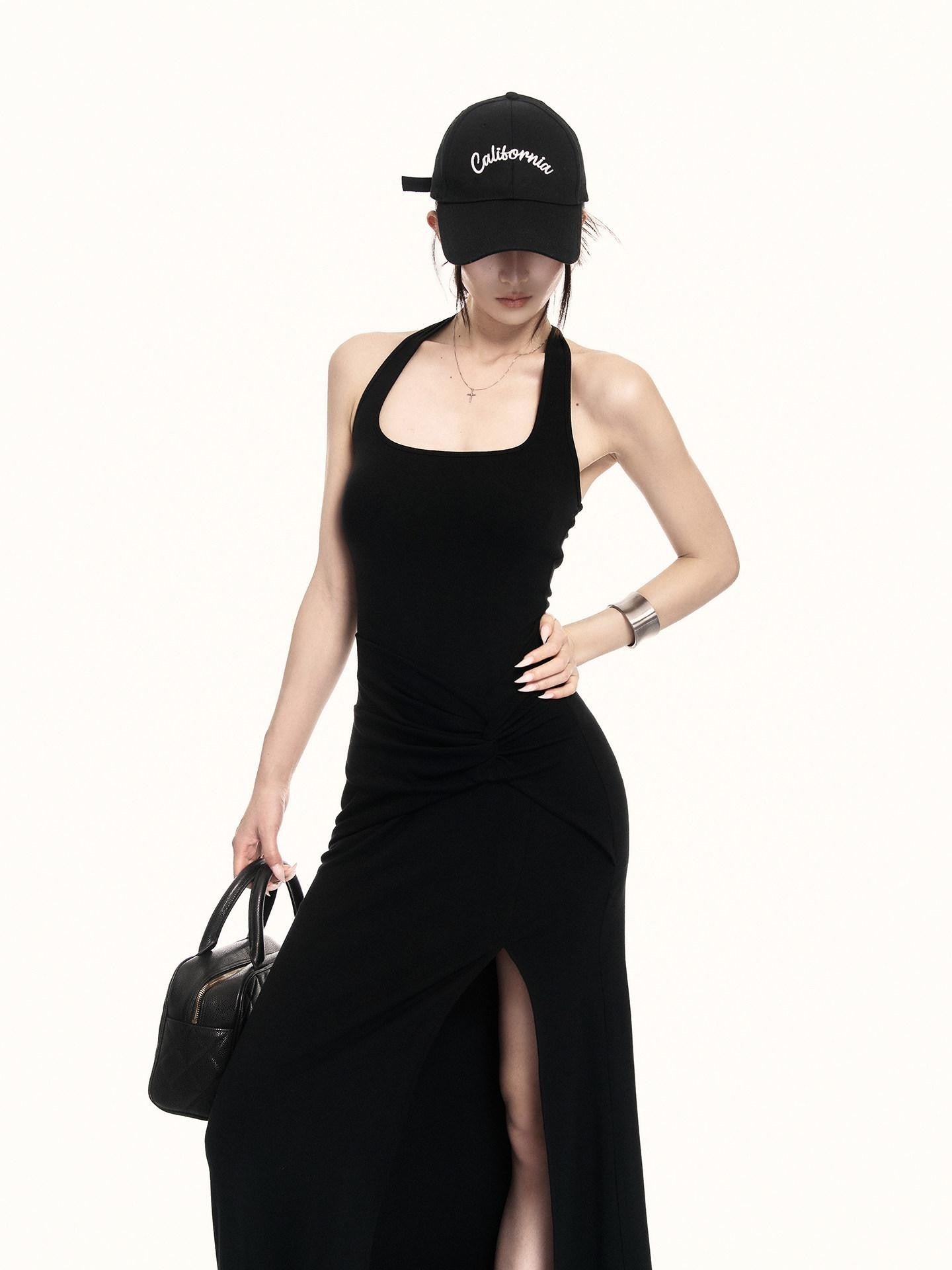 VOCK Backless Knit Side Slit Women's Cotton Blend Halter Maxi Dresses
