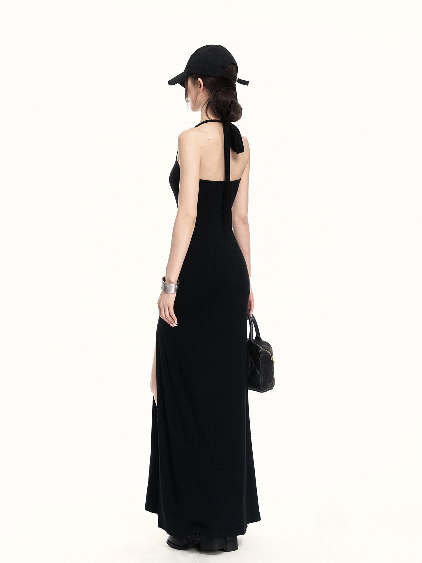 VOCK Backless Knit Side Slit Women's Cotton Blend Halter Maxi Dresses