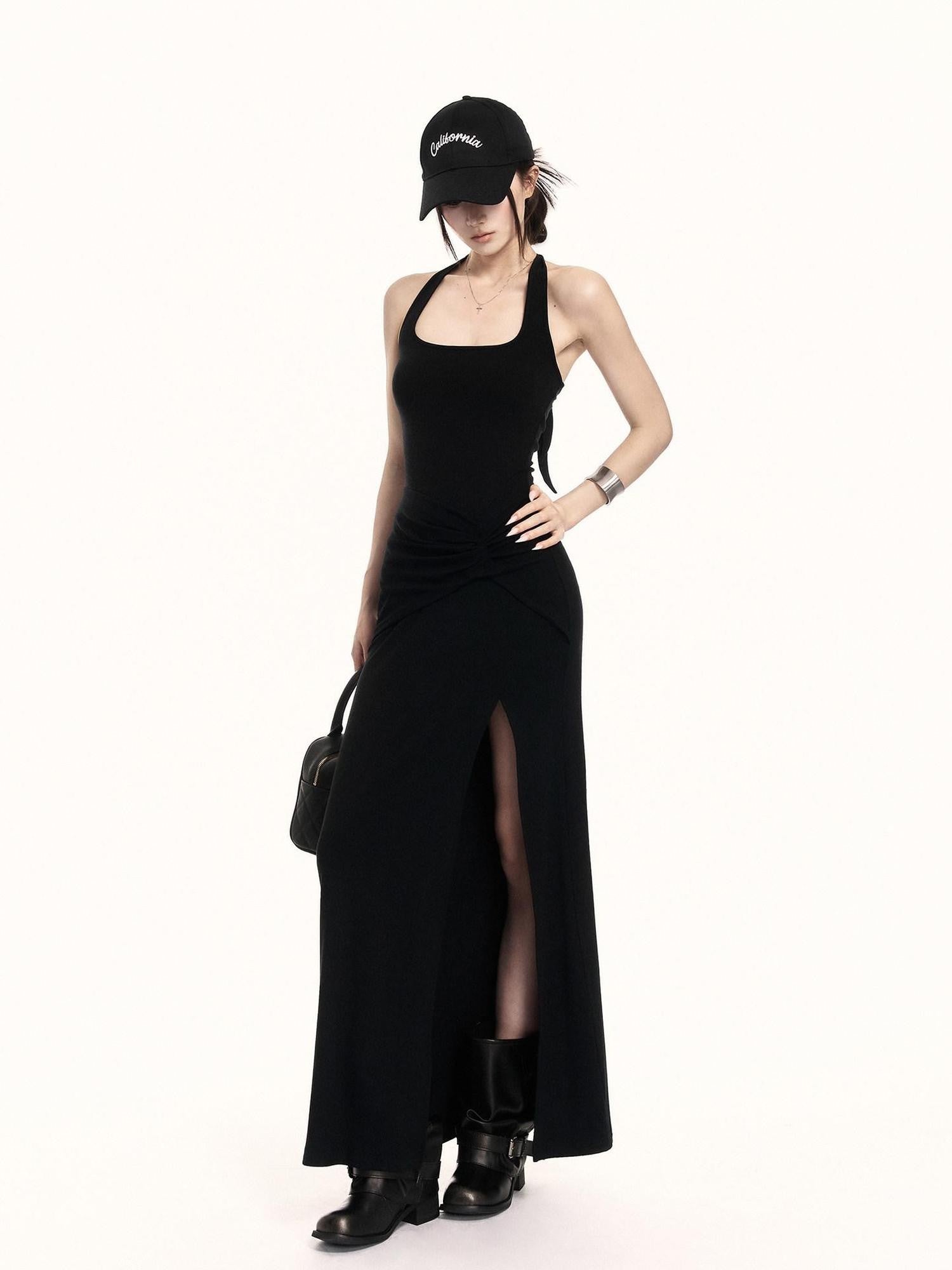 VOCK Backless Knit Side Slit Women's Cotton Blend Halter Maxi Dresses