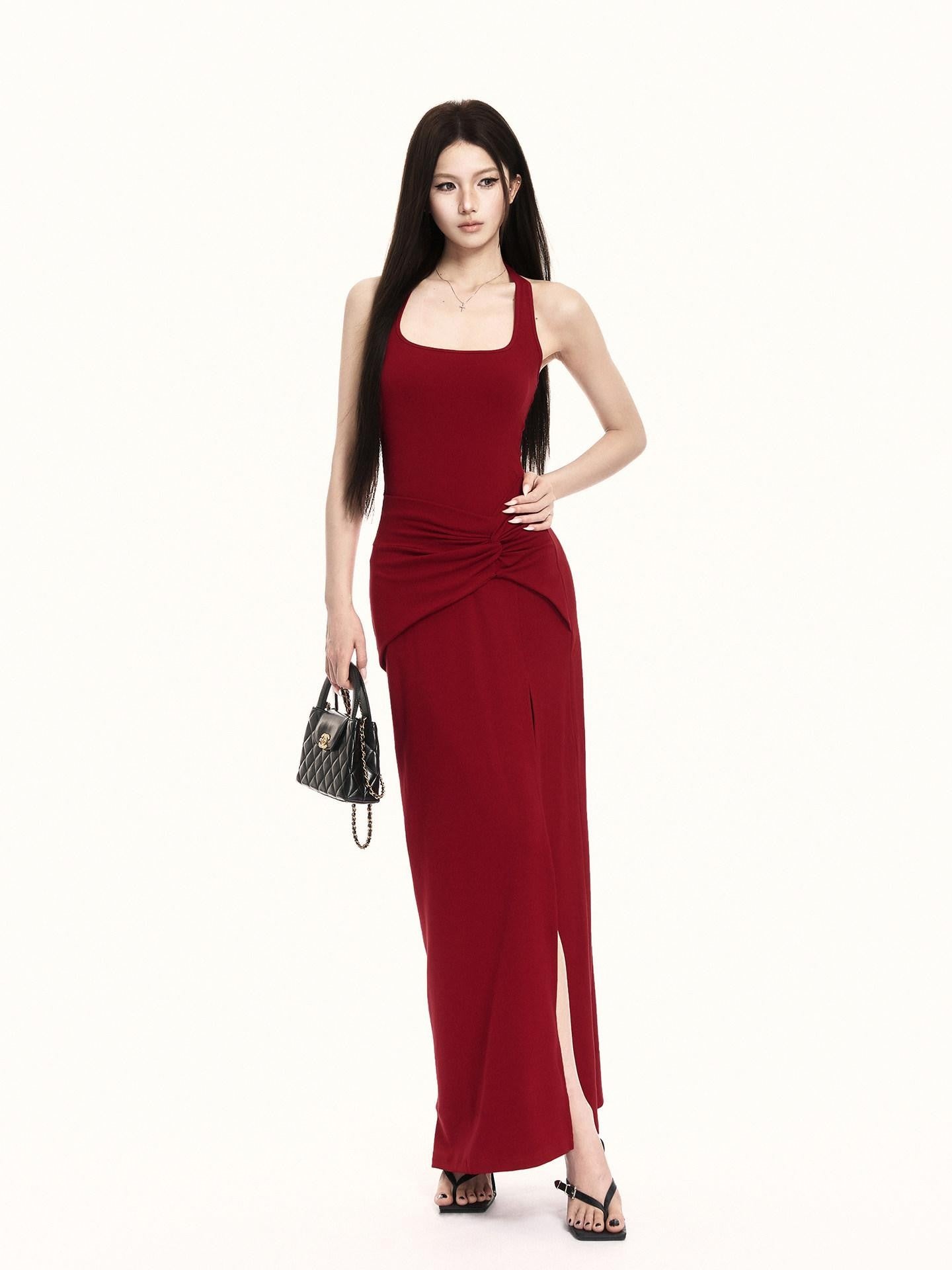 VOCK Backless Knit Side Slit Women's Cotton Blend Halter Maxi Dresses
