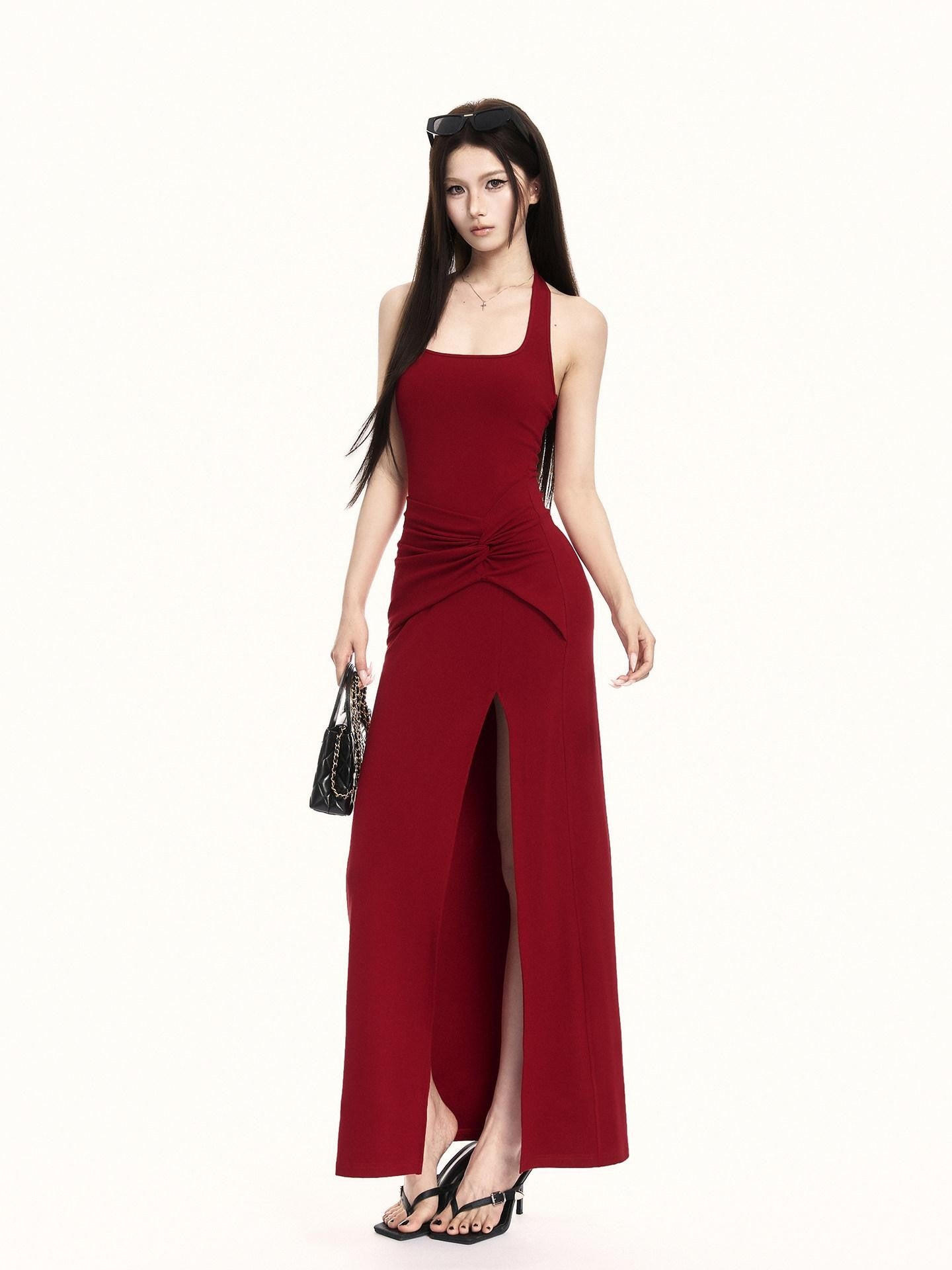 VOCK Backless Knit Side Slit Women's Cotton Blend Halter Maxi Dresses