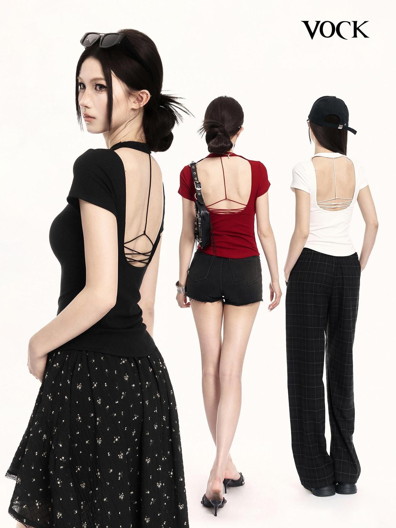 VOCK Backless Tie Cutout Waist Cinch Slim Women's Cotton Blend Short Sleeve T-shirts