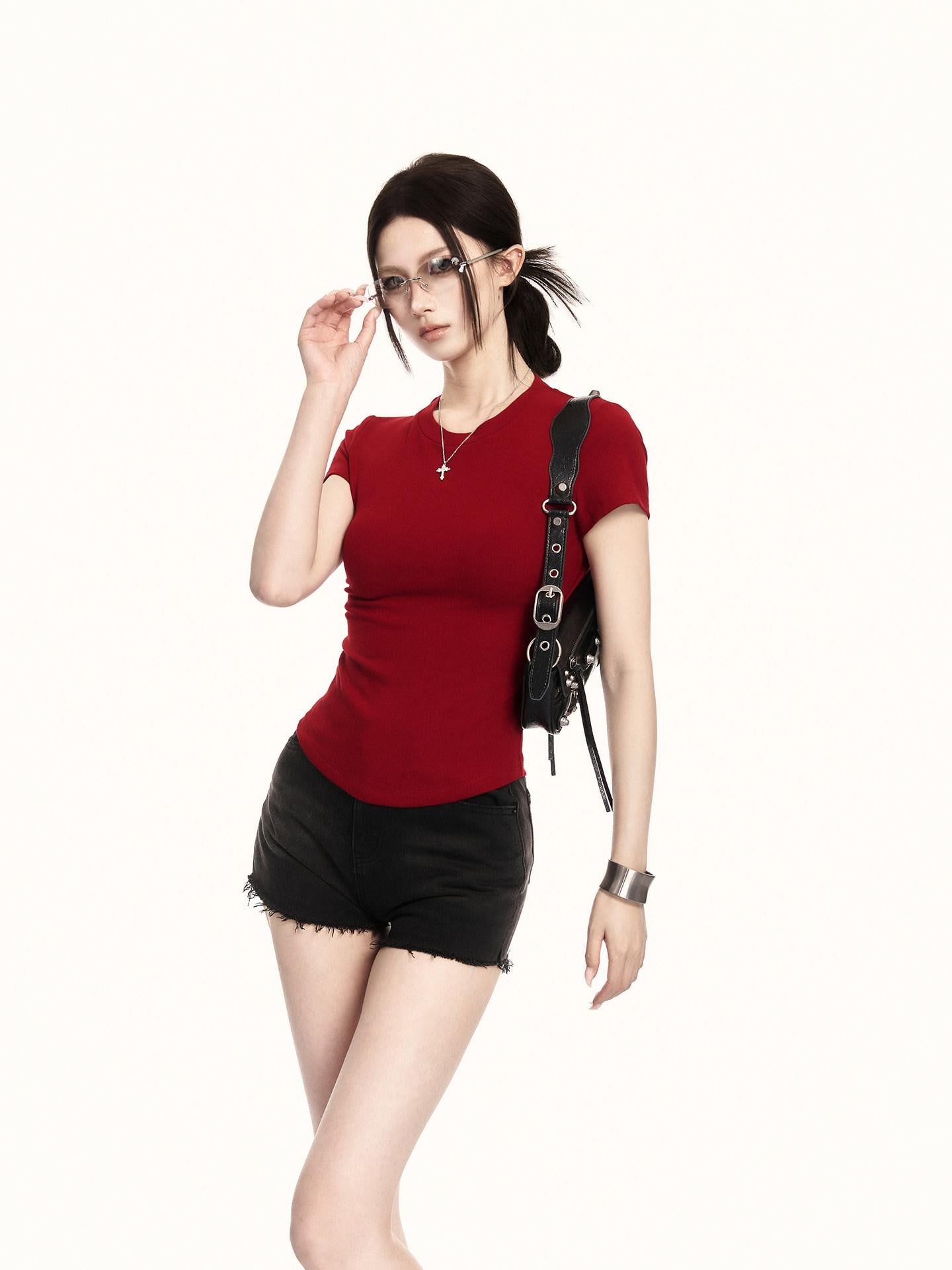VOCK Backless Tie Cutout Waist Cinch Slim Women's Cotton Blend Short Sleeve T-shirts