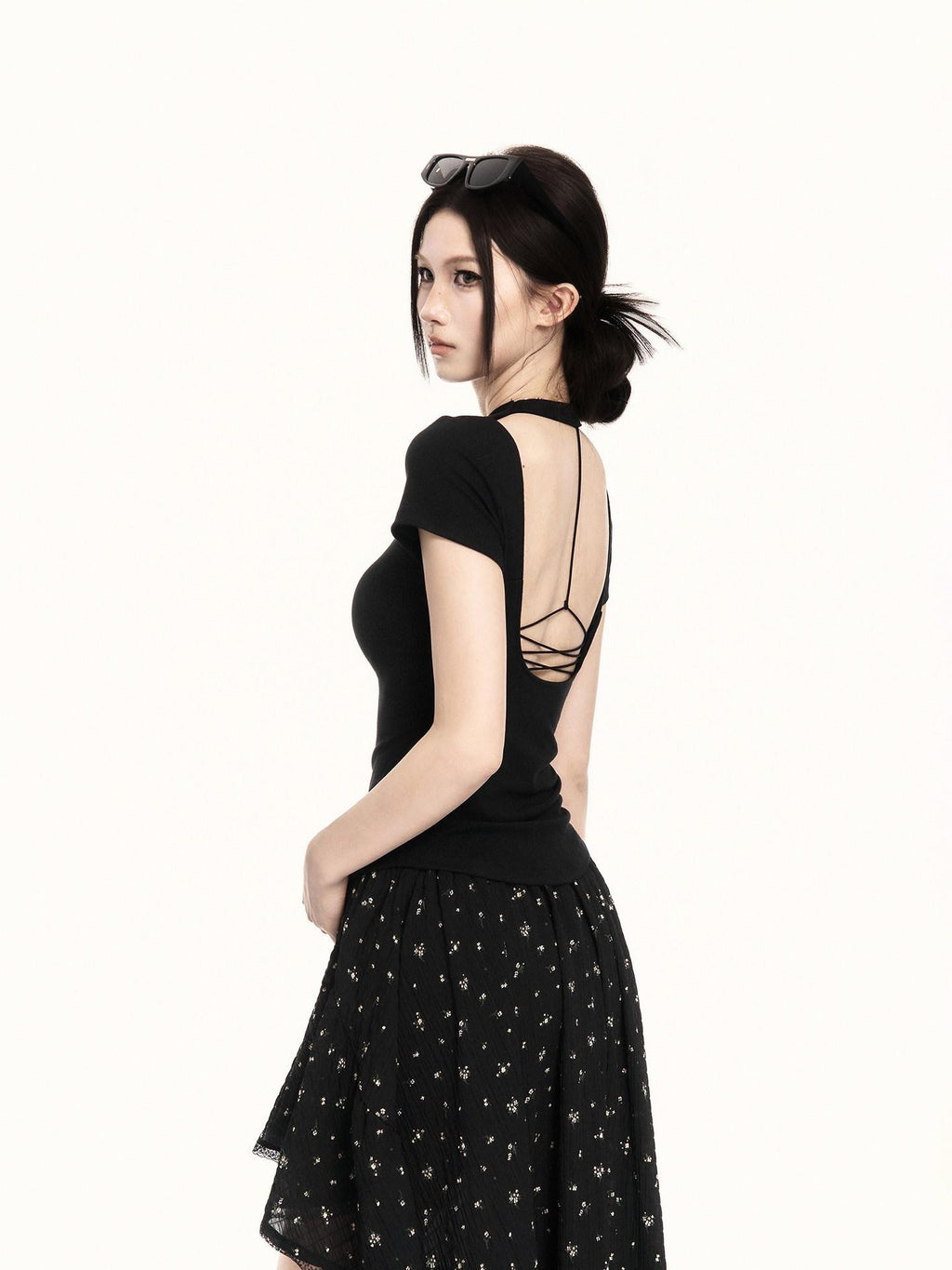 VOCK Backless Tie Cutout Waist Cinch Slim Women's Cotton Blend Short Sleeve T-shirts