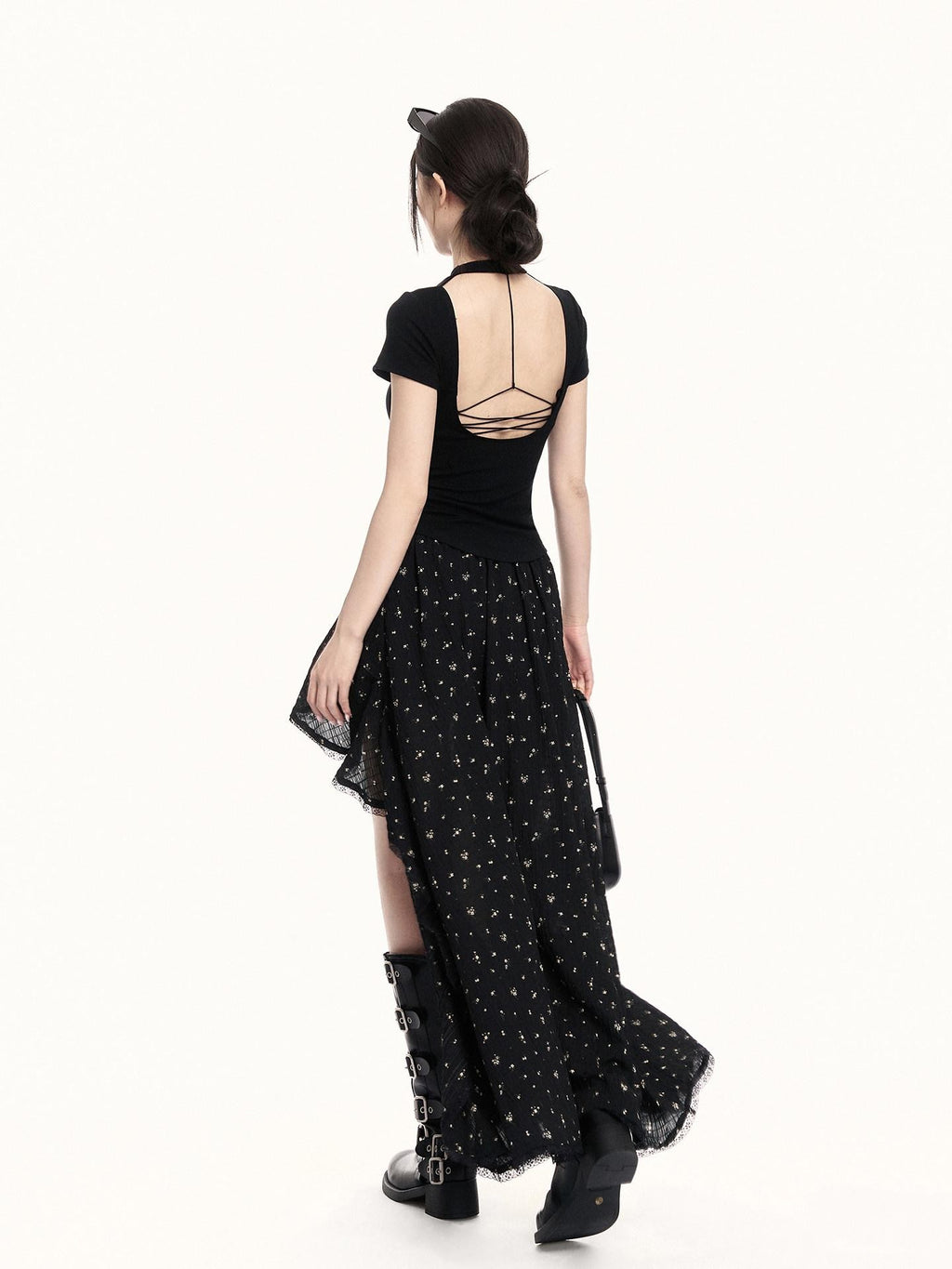 VOCK Backless Tie Cutout Waist Cinch Slim Women's Cotton Blend Short Sleeve T-shirts