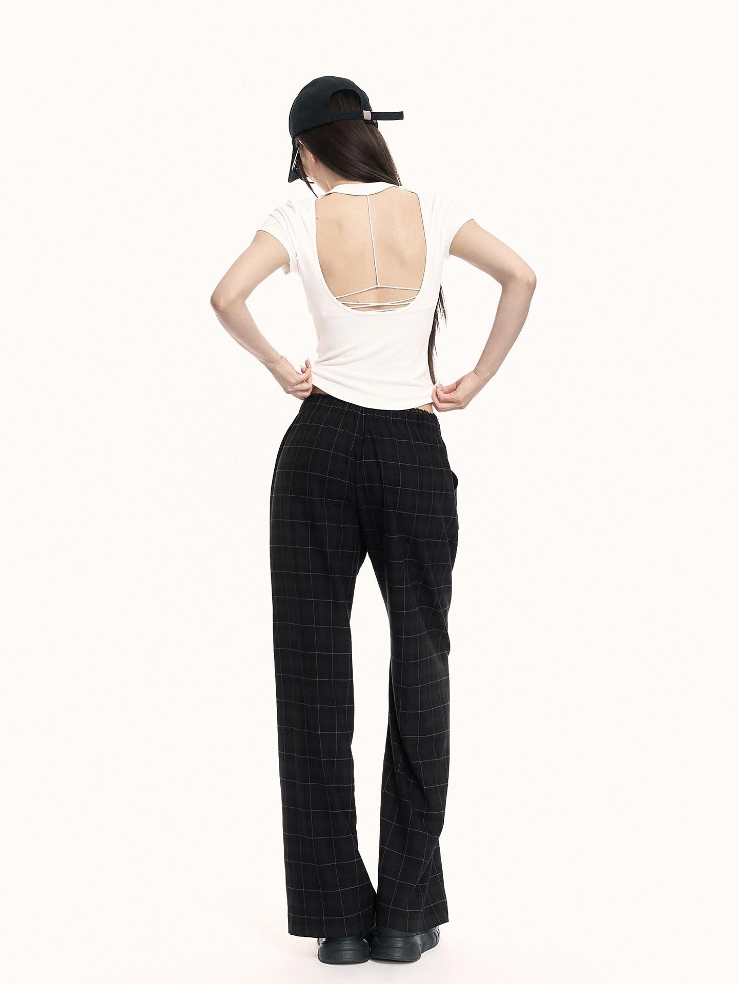 VOCK Backless Tie Cutout Waist Cinch Slim Women's Cotton Blend Short Sleeve T-shirts