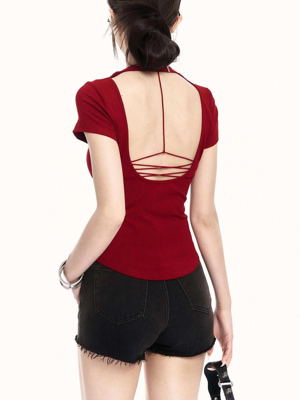 VOCK Backless Tie Cutout Waist Cinch Slim Women's Cotton Blend Short Sleeve T-shirts