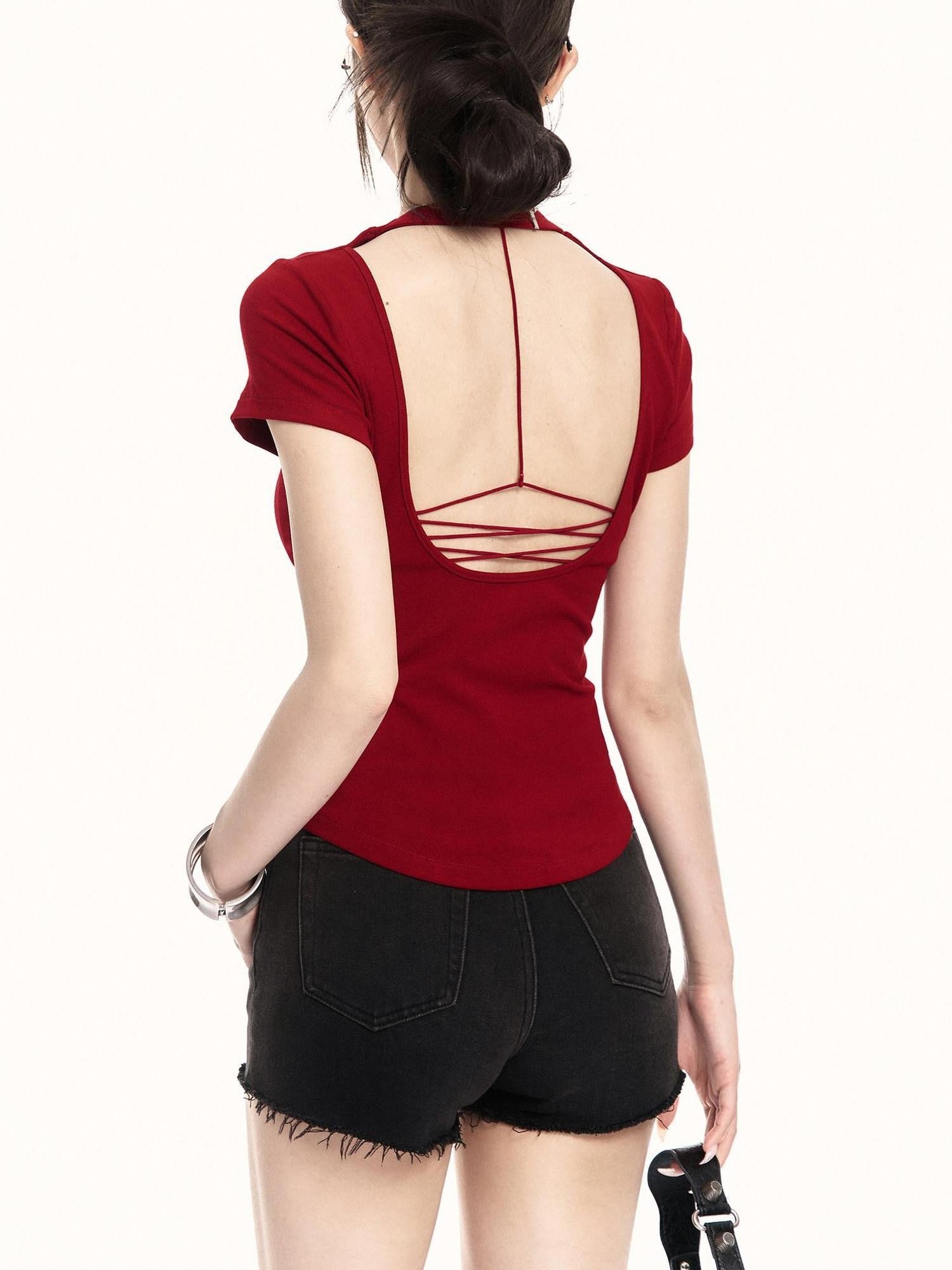 VOCK Backless Tie Cutout Waist Cinch Slim Women's Cotton Blend Short Sleeve T-shirts