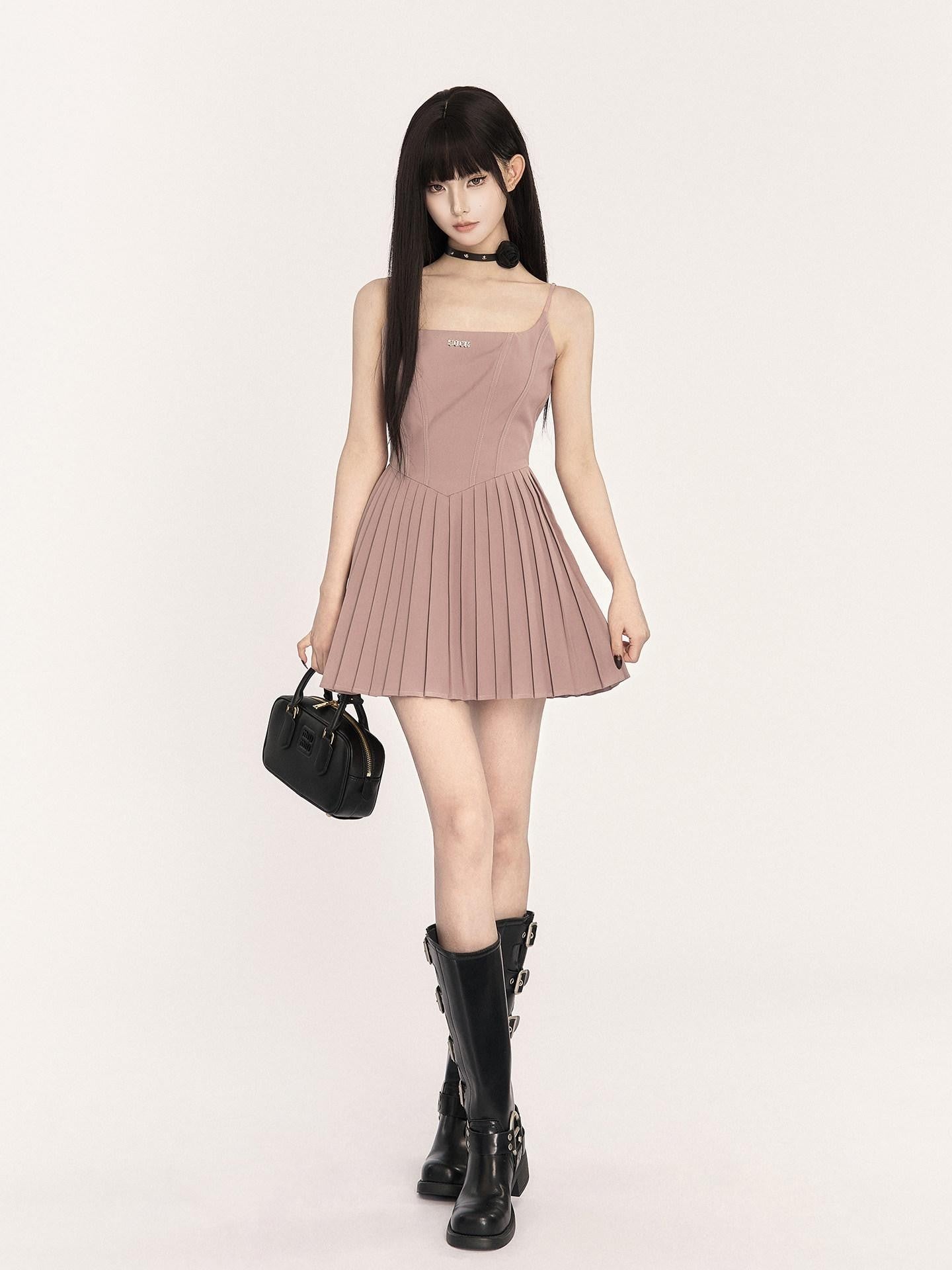 VOCK Ballet Square Neck Pleated Aline High Waist Women's Polyester Slip Mini Dresses