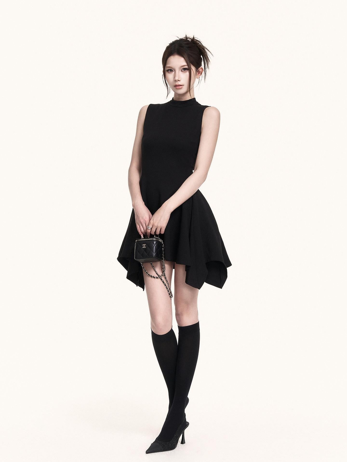VOCK Black Asymmetric Aline Cinched Waist Women's Knit Casual Mini Dresses