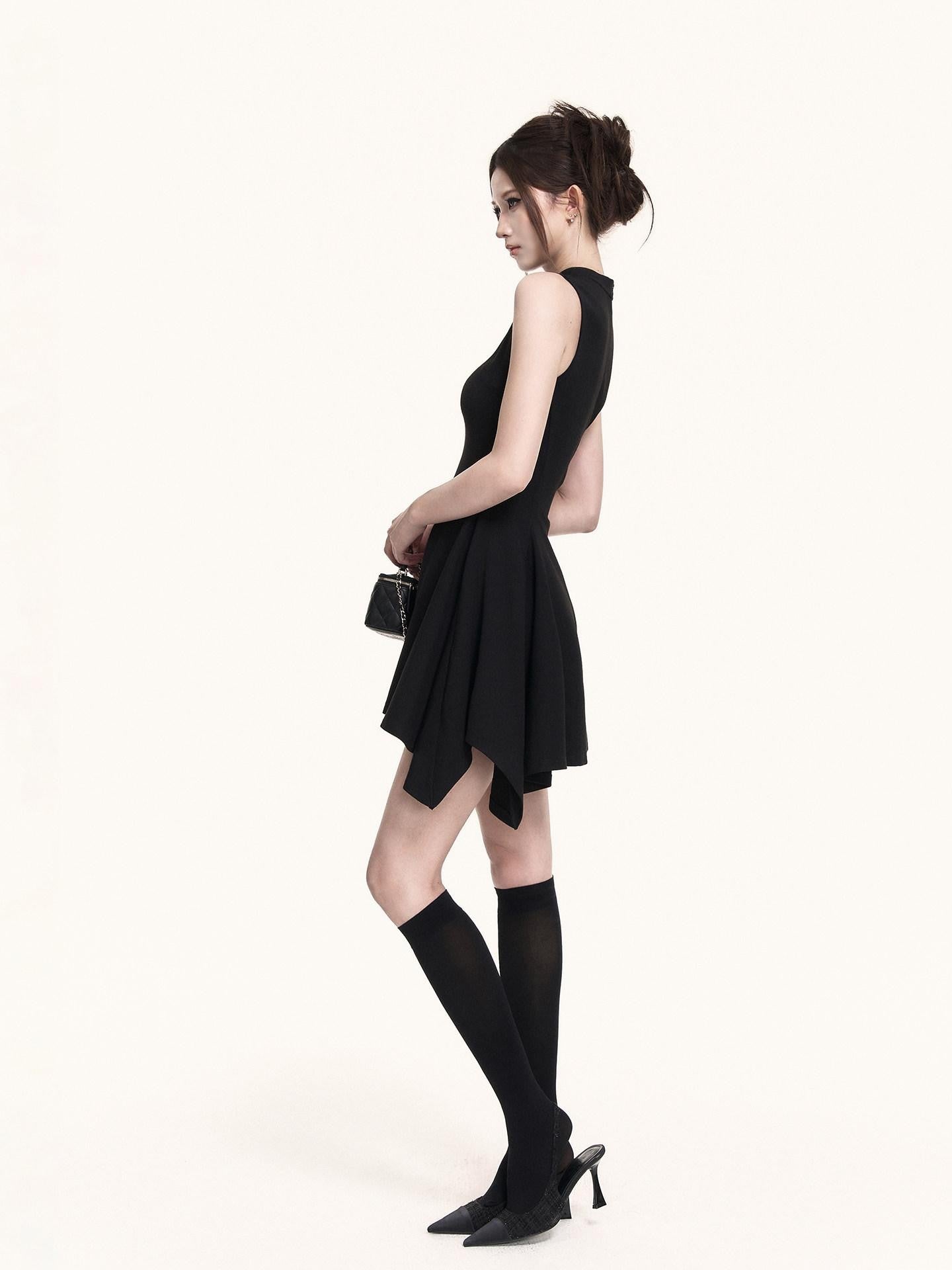 VOCK Black Asymmetric Aline Cinched Waist Women's Knit Casual Mini Dresses