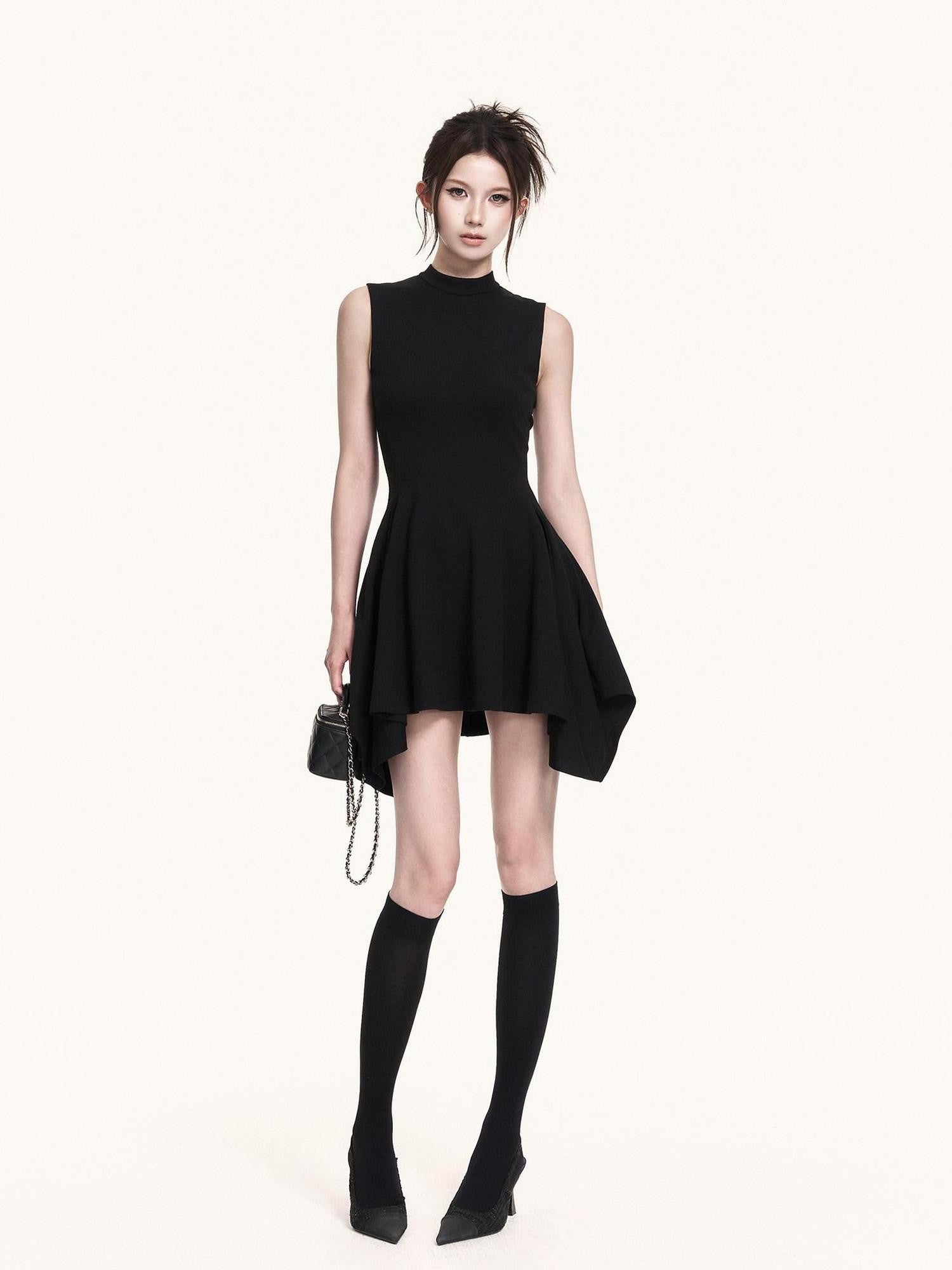VOCK Black Asymmetric Aline Cinched Waist Women's Knit Casual Mini Dresses