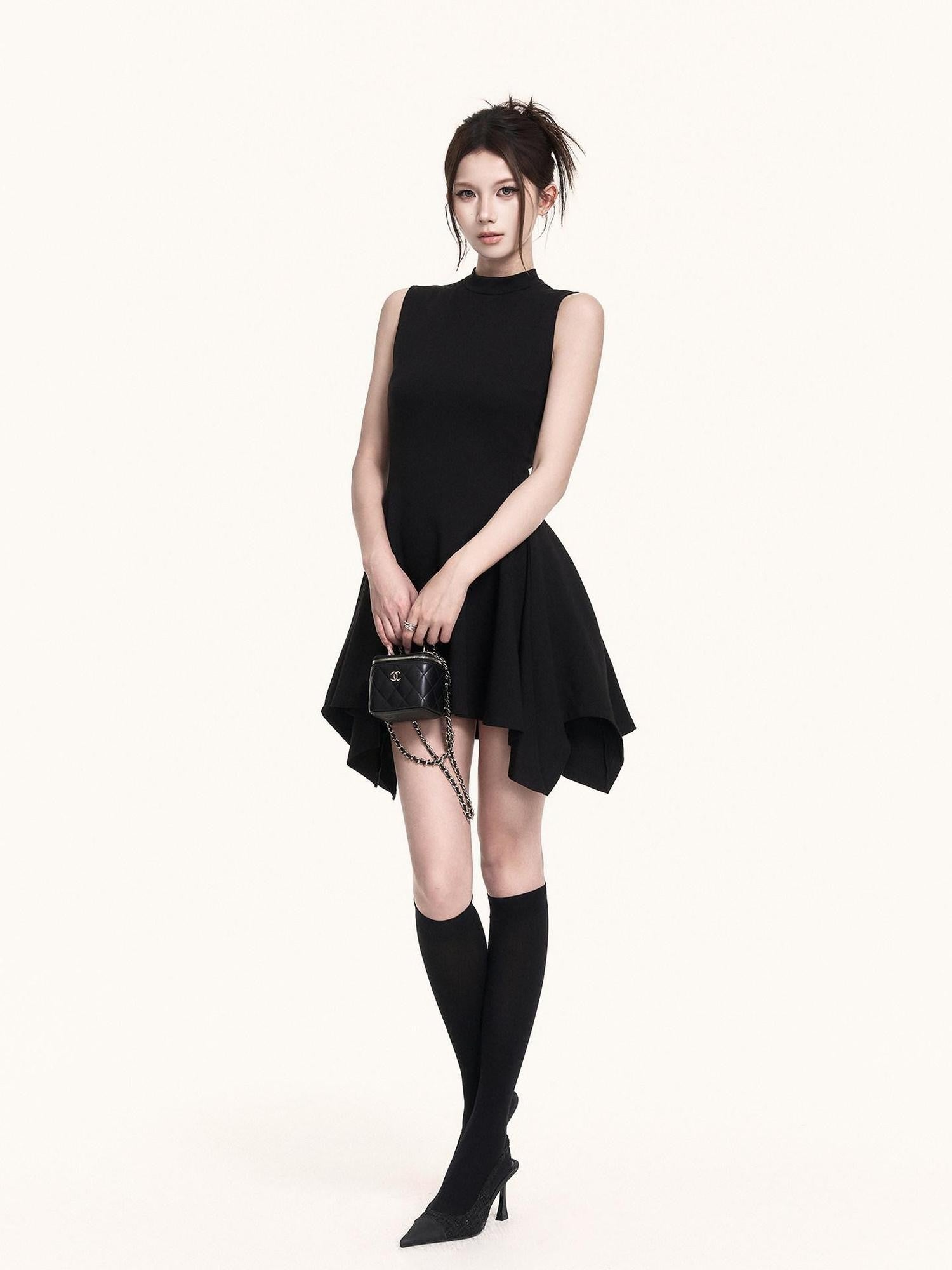 VOCK Black Asymmetric Aline Cinched Waist Women's Knit Casual Mini Dresses