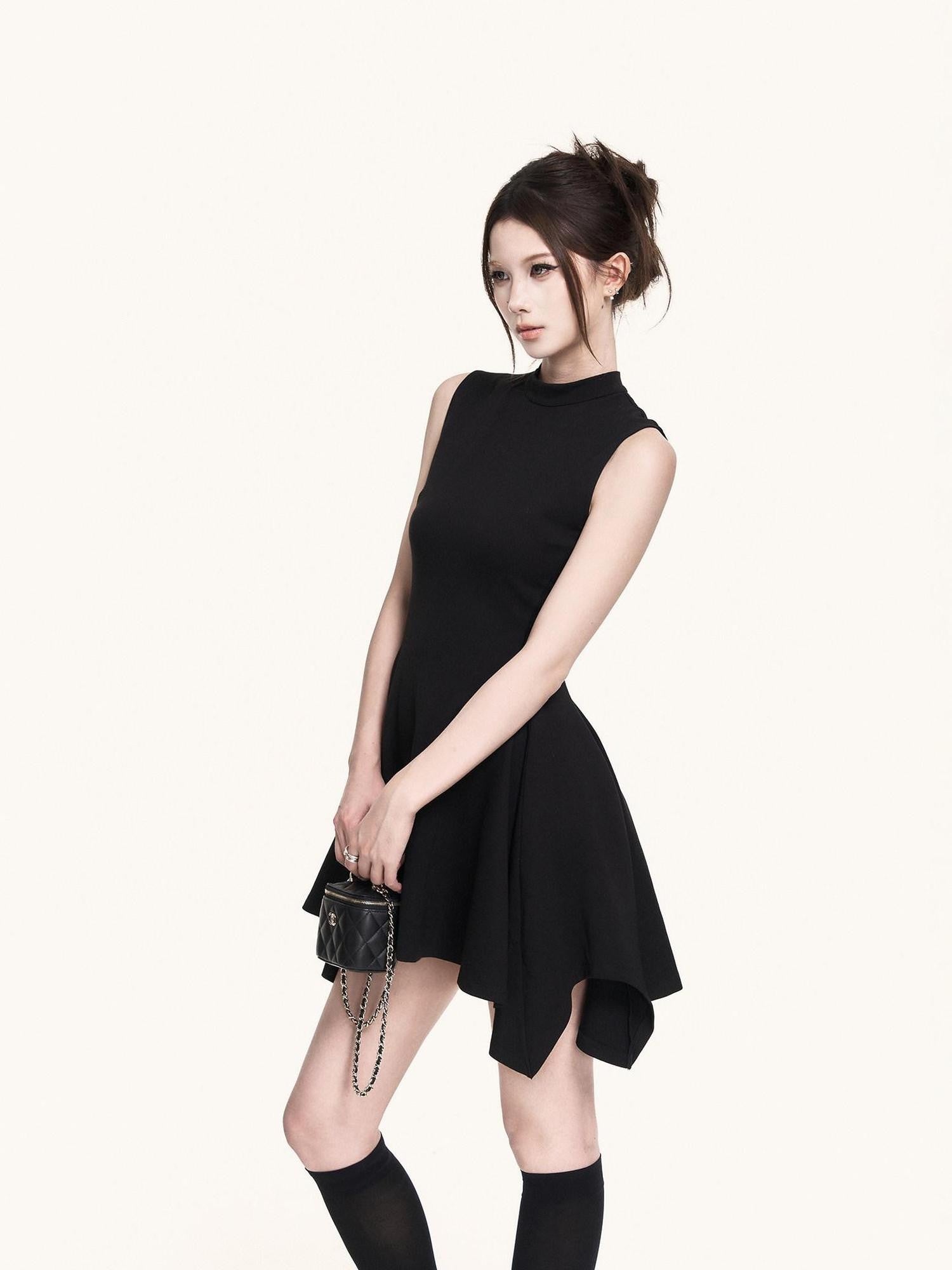 VOCK Black Asymmetric Aline Cinched Waist Women's Knit Casual Mini Dresses