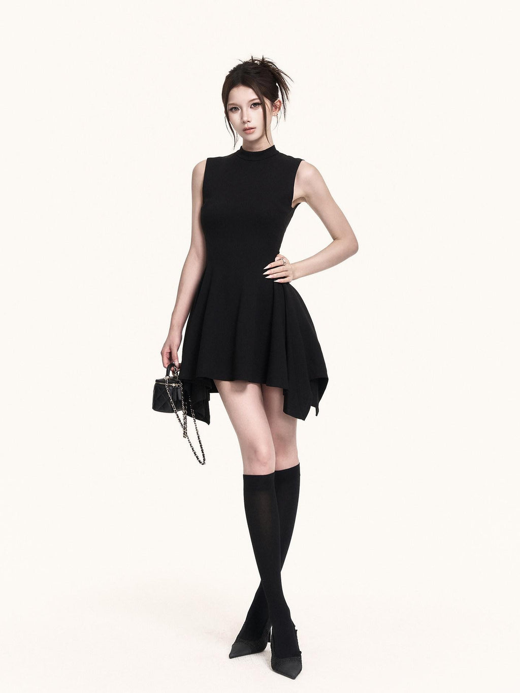 VOCK Black Asymmetric Aline Cinched Waist Women's Knit Casual Mini Dresses