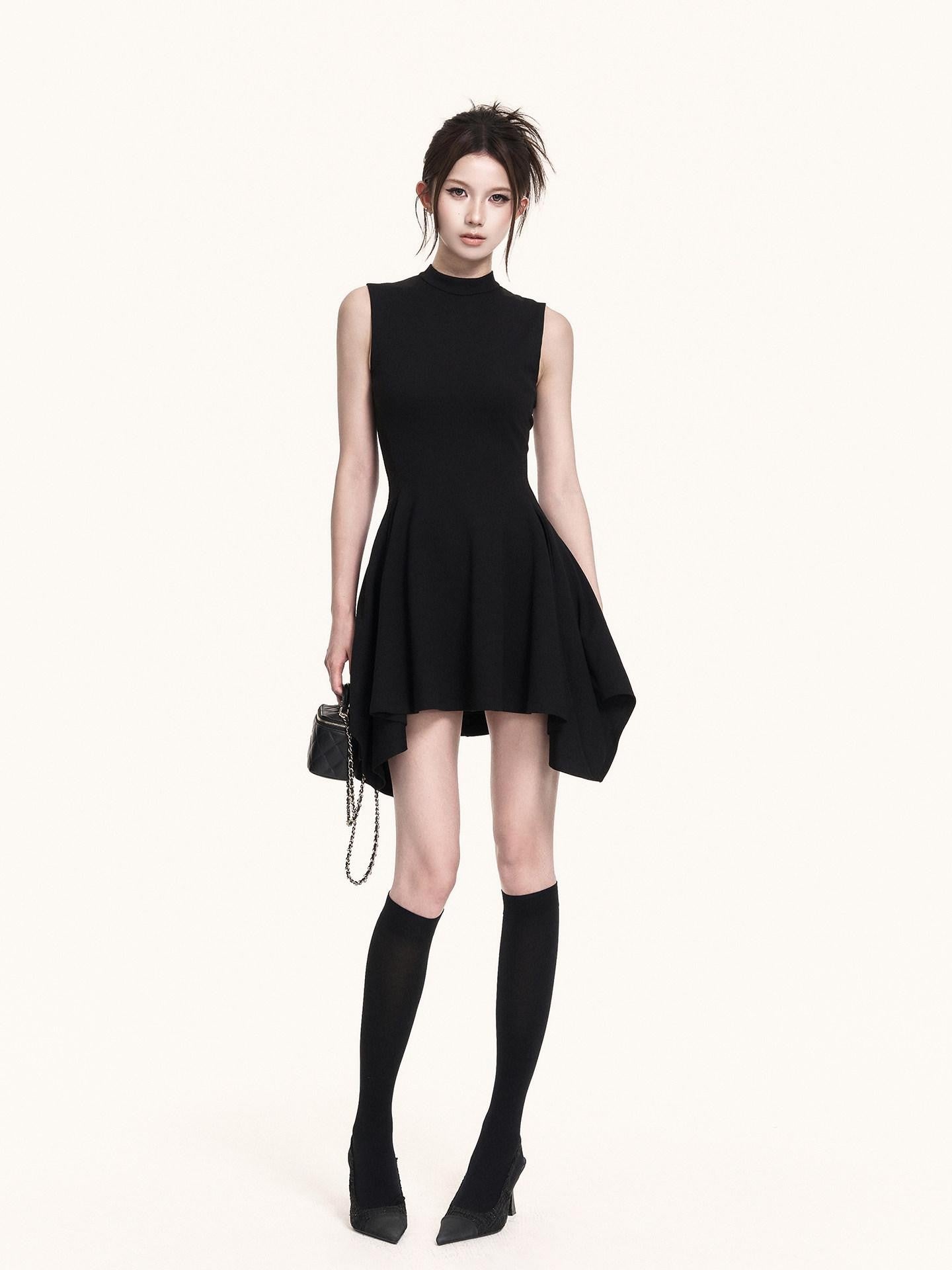 VOCK Black Asymmetric Aline Cinched Waist Women's Knit Casual Mini Dresses