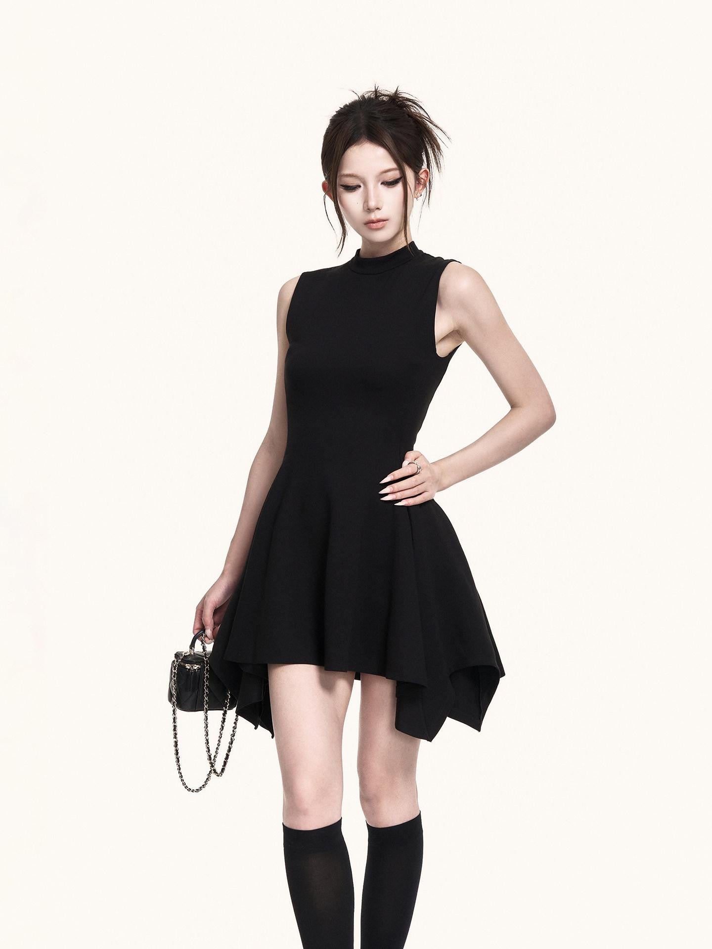 VOCK Black Asymmetric Aline Cinched Waist Women's Knit Casual Mini Dresses