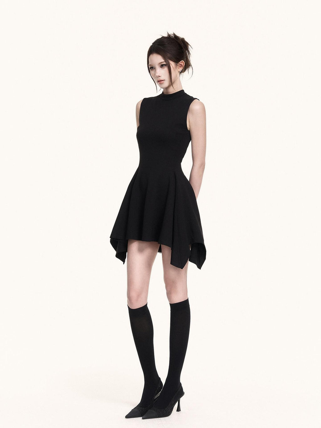VOCK Black Asymmetric Aline Cinched Waist Women's Knit Casual Mini Dresses