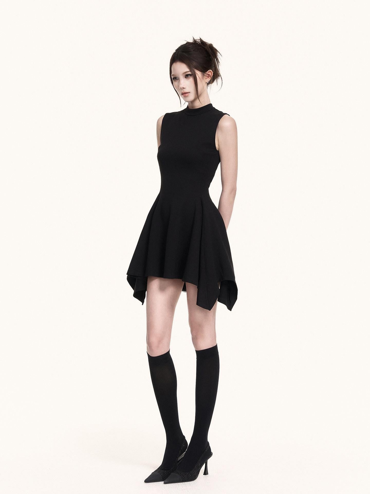VOCK Black Asymmetric Aline Cinched Waist Women's Knit Casual Mini Dresses
