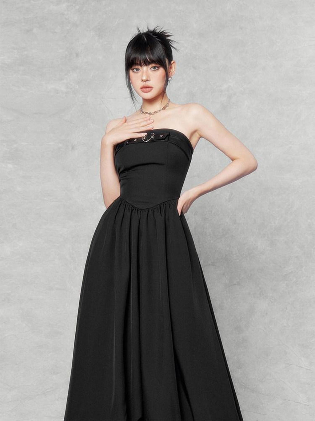 VOCK Black Asymmetric Hem Unique Design Women's Cotton Strapless Maxi Dresses