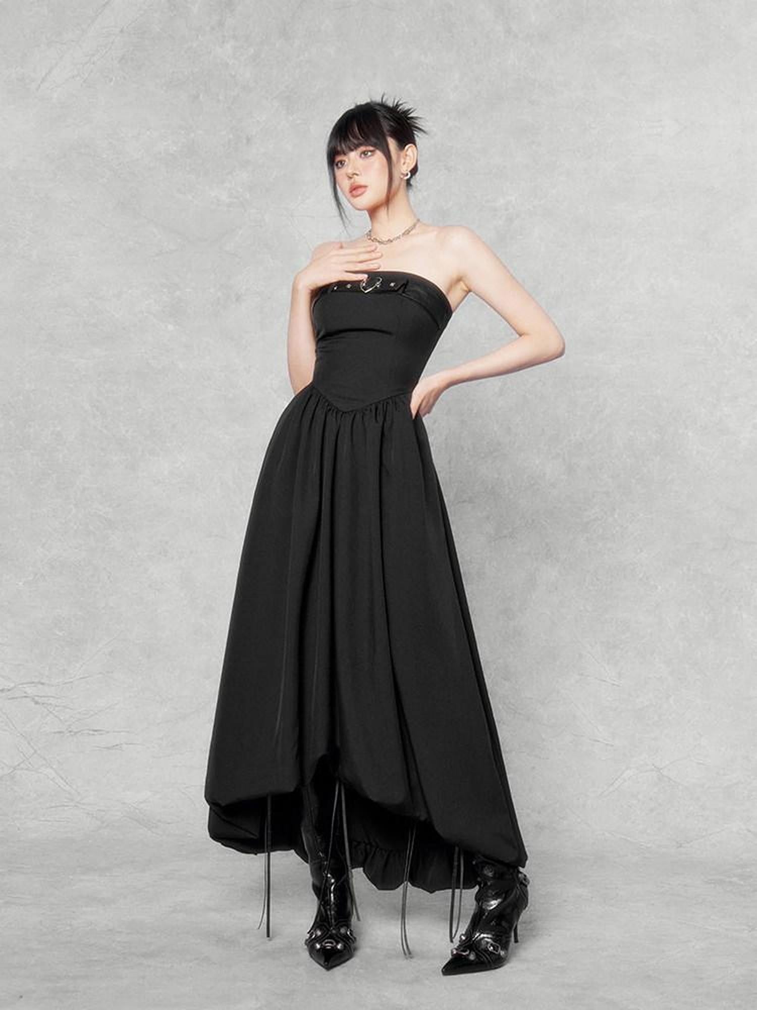 VOCK Black Asymmetric Hem Unique Design Women's Cotton Strapless Maxi Dresses