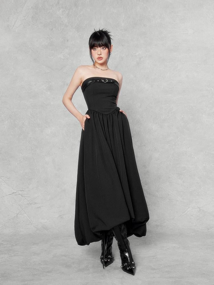 VOCK Black Asymmetric Hem Unique Design Women's Cotton Strapless Maxi Dresses