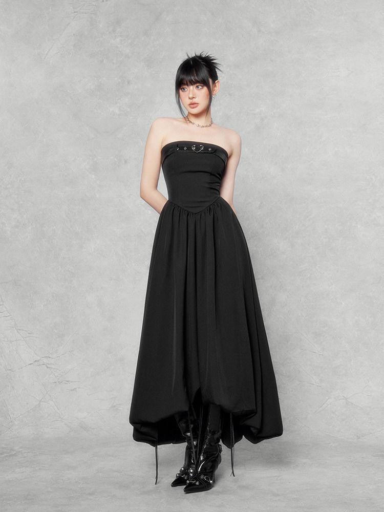 VOCK Black Asymmetric Hem Unique Design Women's Cotton Strapless Maxi Dresses