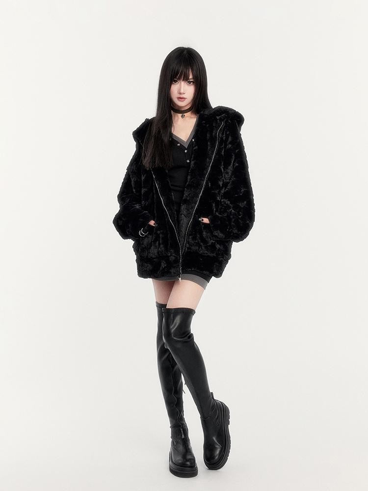 VOCK Black Cat Faux Fur Cat Ear Loose Fit Women's Polyester Zip-up Hoodies