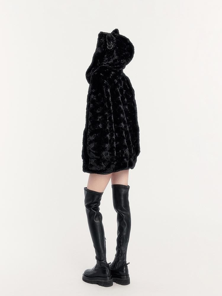 VOCK Black Cat Faux Fur Cat Ear Loose Fit Women's Polyester Zip-up Hoodies