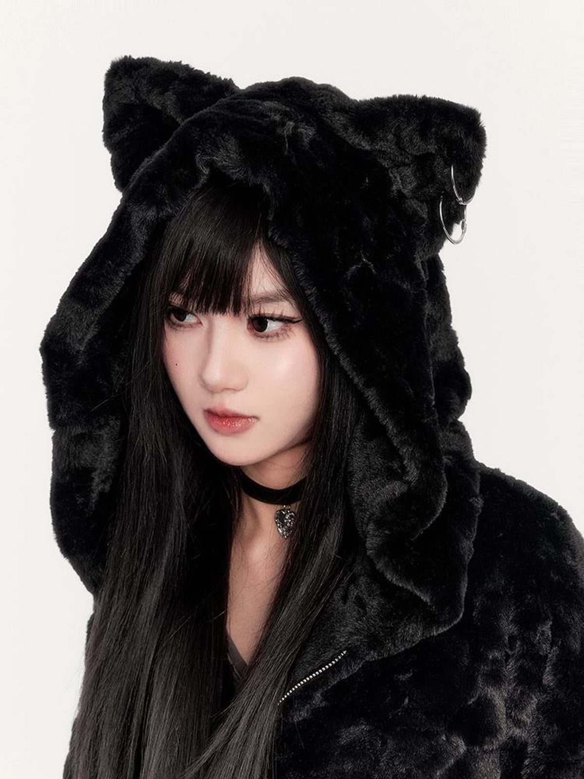 VOCK Black Cat Faux Fur Cat Ear Loose Fit Women's Polyester Zip-up Hoodies