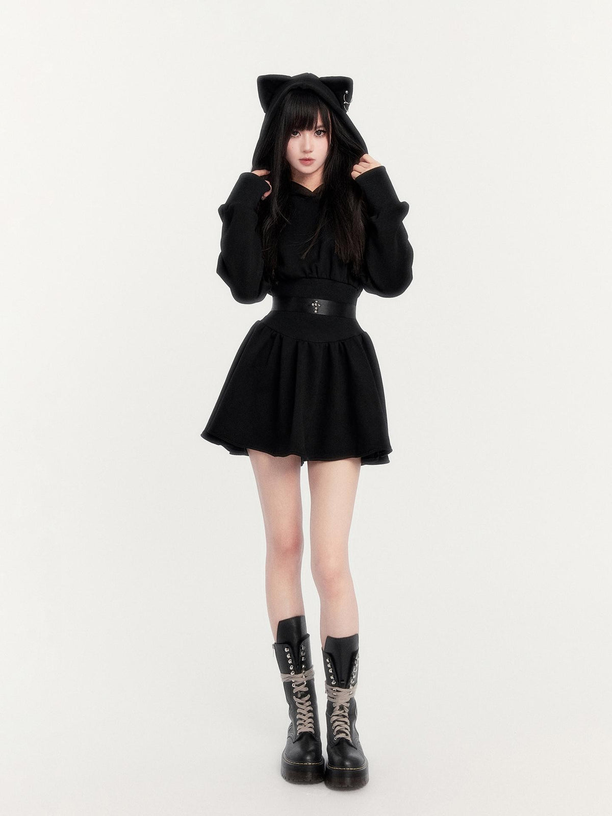 VOCK Black Cat Faux Fur Cat Ear Loose Fit Women's Polyester Zip-up Hoodies