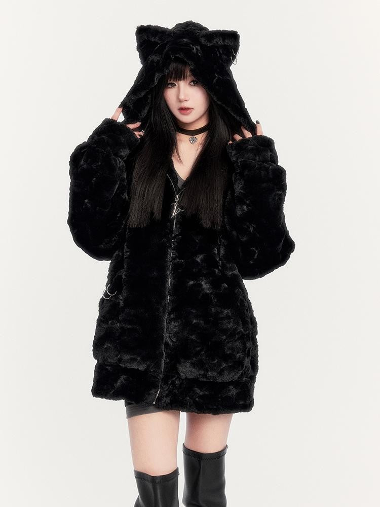 VOCK Black Cat Faux Fur Cat Ear Loose Fit Women's Polyester Zip-up Hoodies