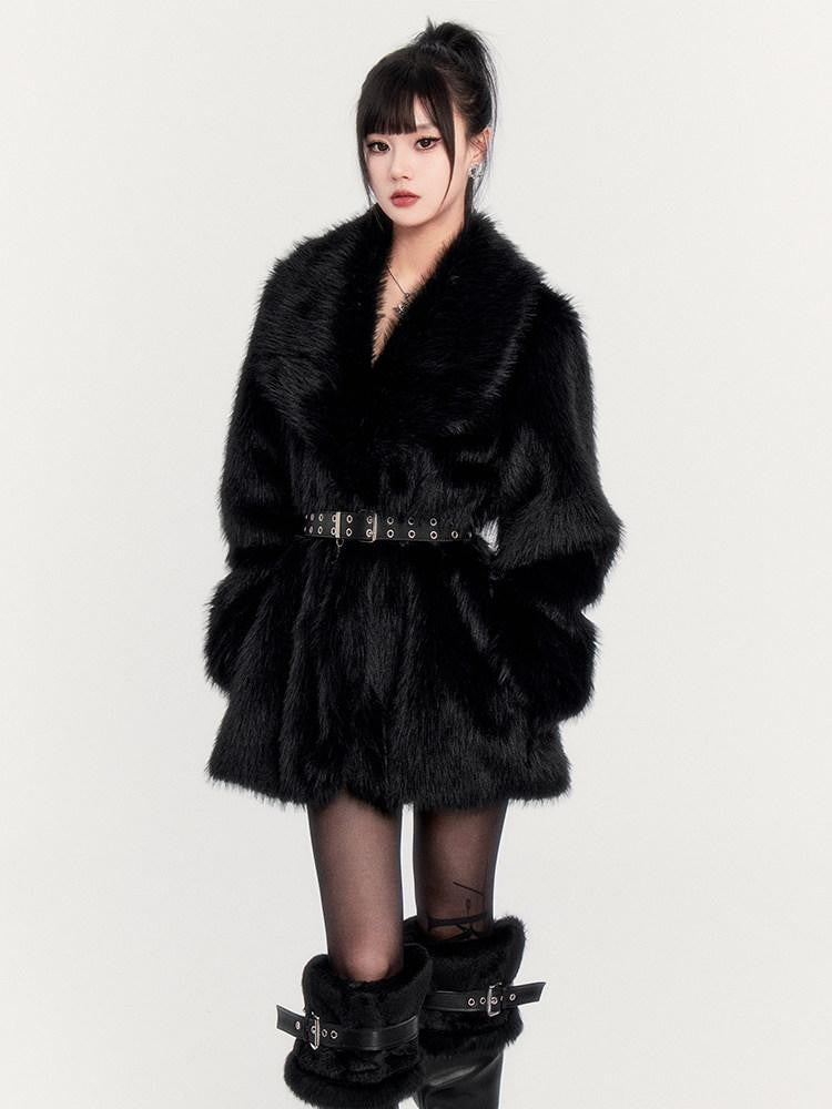 VOCK Black Cross Belt Slim Fit Dark Slavic Women's Eco Faux Fur Coats