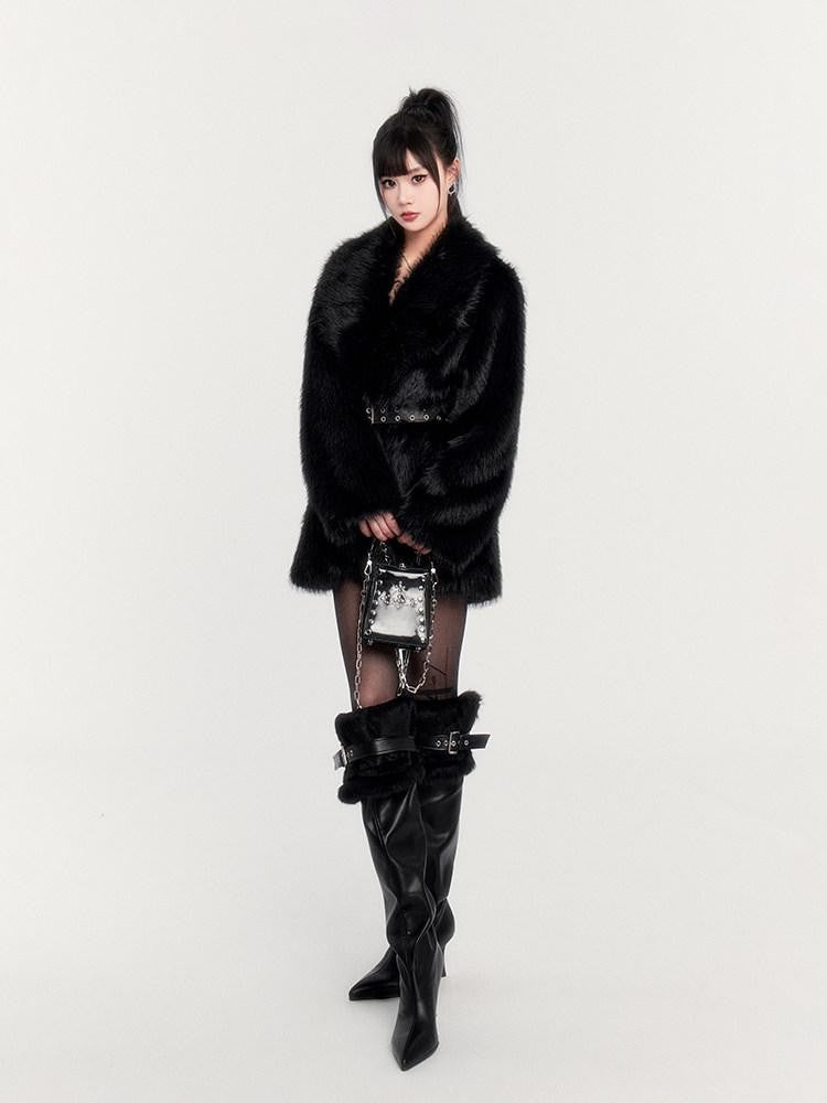 VOCK Black Cross Belt Slim Fit Dark Slavic Women's Eco Faux Fur Coats