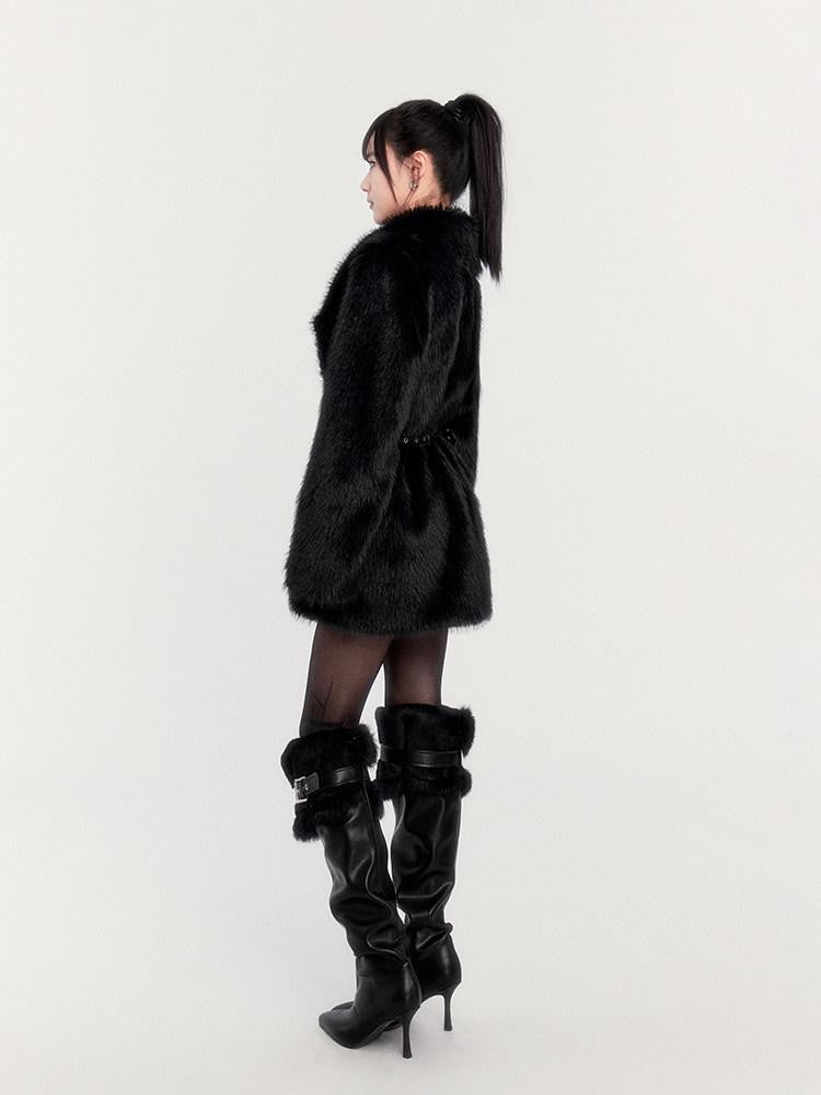 VOCK Black Cross Belt Slim Fit Dark Slavic Women's Eco Faux Fur Coats