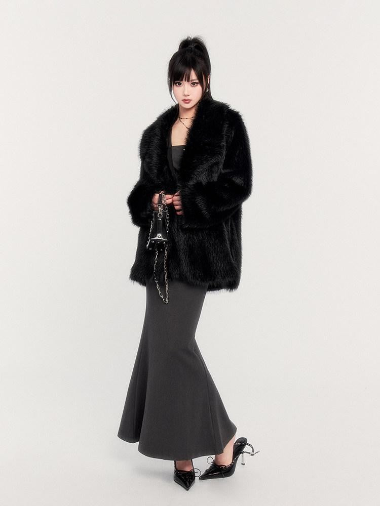 VOCK Black Cross Belt Slim Fit Dark Slavic Women's Eco Faux Fur Coats
