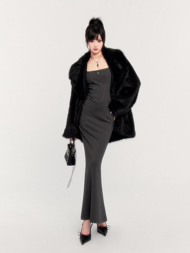 VOCK Black Cross Belt Slim Fit Dark Slavic Women's Eco Faux Fur Coats