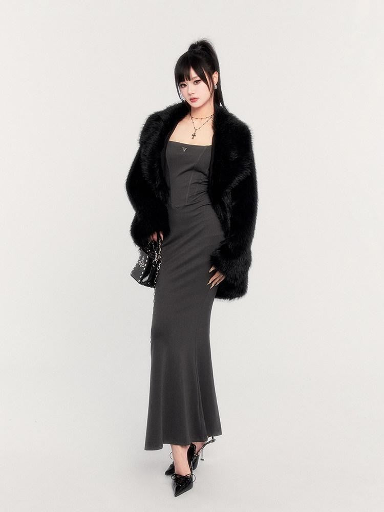 VOCK Black Cross Belt Slim Fit Dark Slavic Women's Eco Faux Fur Coats