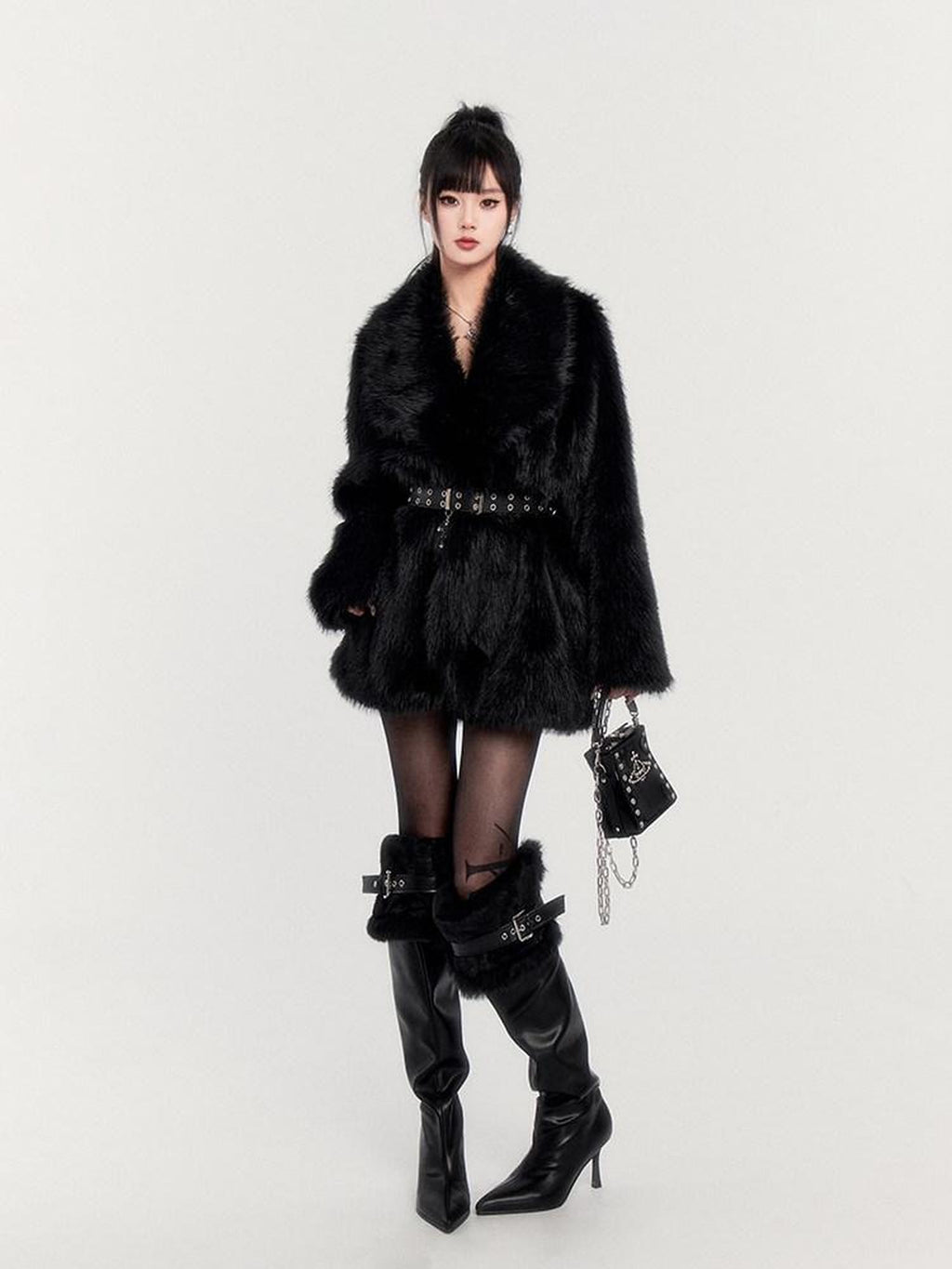 VOCK Black Cross Belt Slim Fit Dark Slavic Women's Eco Faux Fur Coats