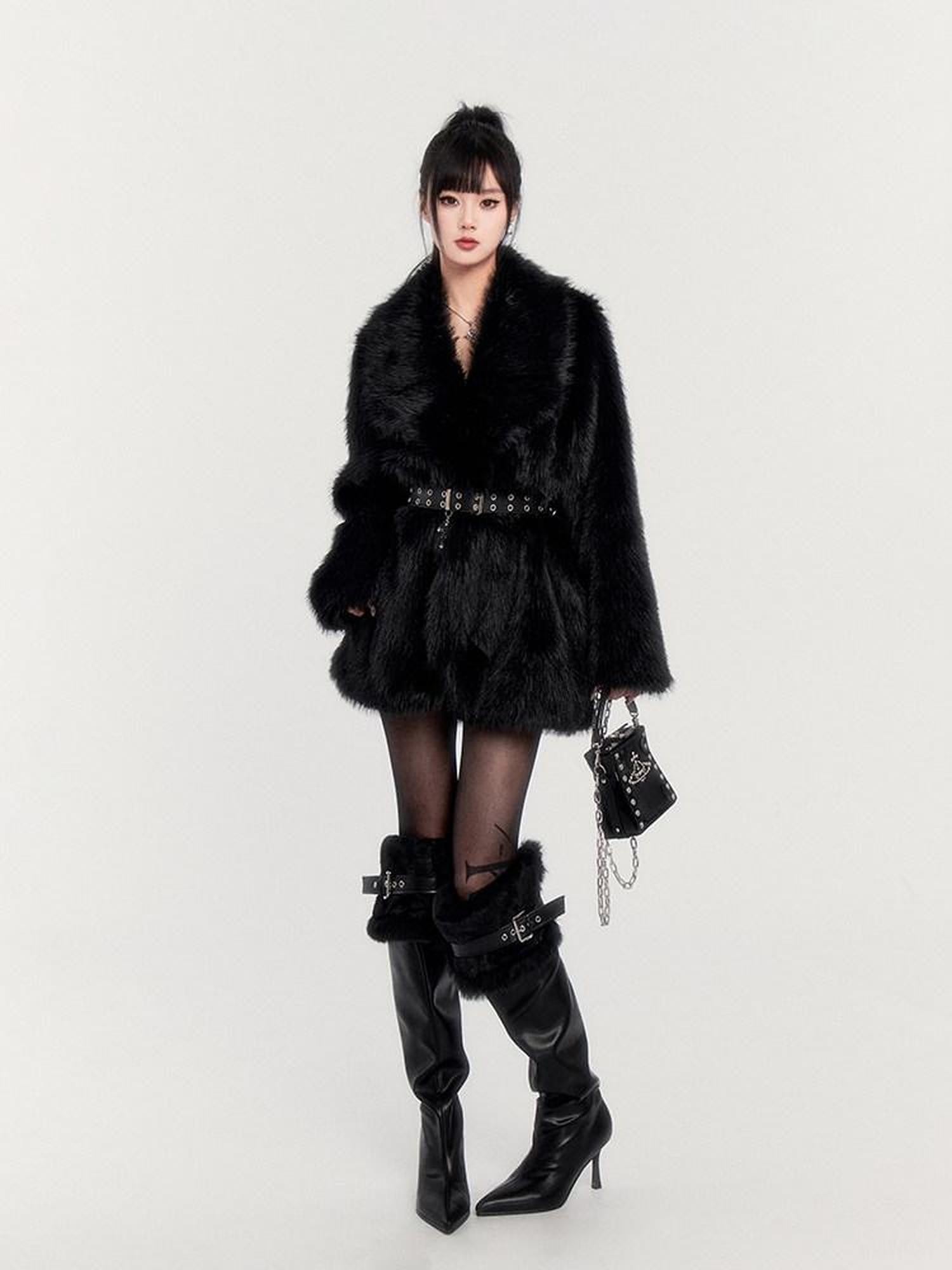 VOCK Black Cross Belt Slim Fit Dark Slavic Women's Eco Faux Fur Coats