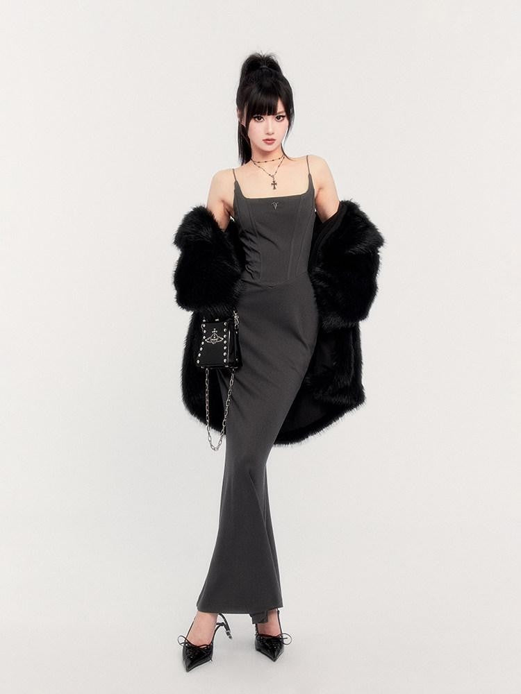 VOCK Black Cross Belt Slim Fit Dark Slavic Women's Eco Faux Fur Coats