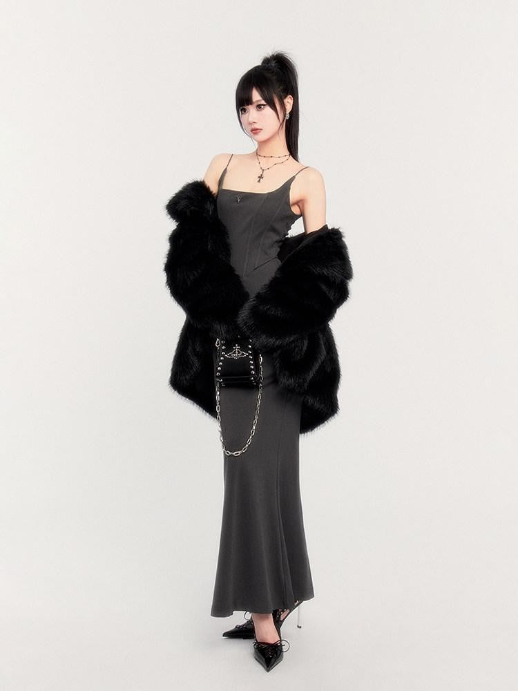VOCK Black Cross Belt Slim Fit Dark Slavic Women's Eco Faux Fur Coats