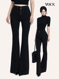 VOCK Black Cross Zipper Slim Mid Rise Women's Cotton Blend Micro Stretch Flare Pants