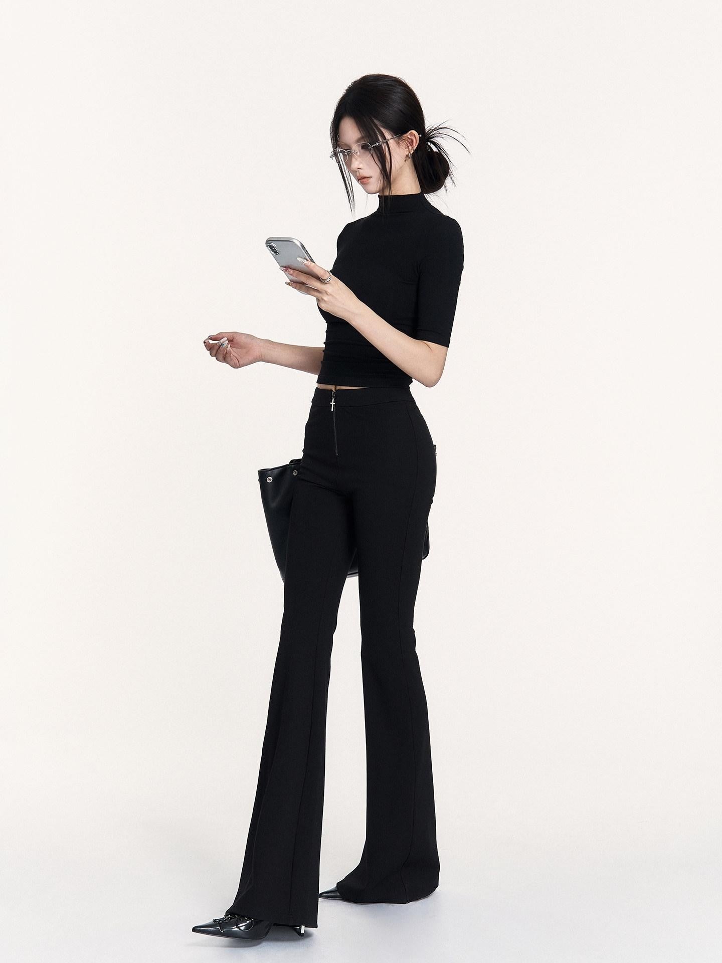 VOCK Black Cross Zipper Slim Mid Rise Women's Cotton Blend Micro Stretch Flare Pants