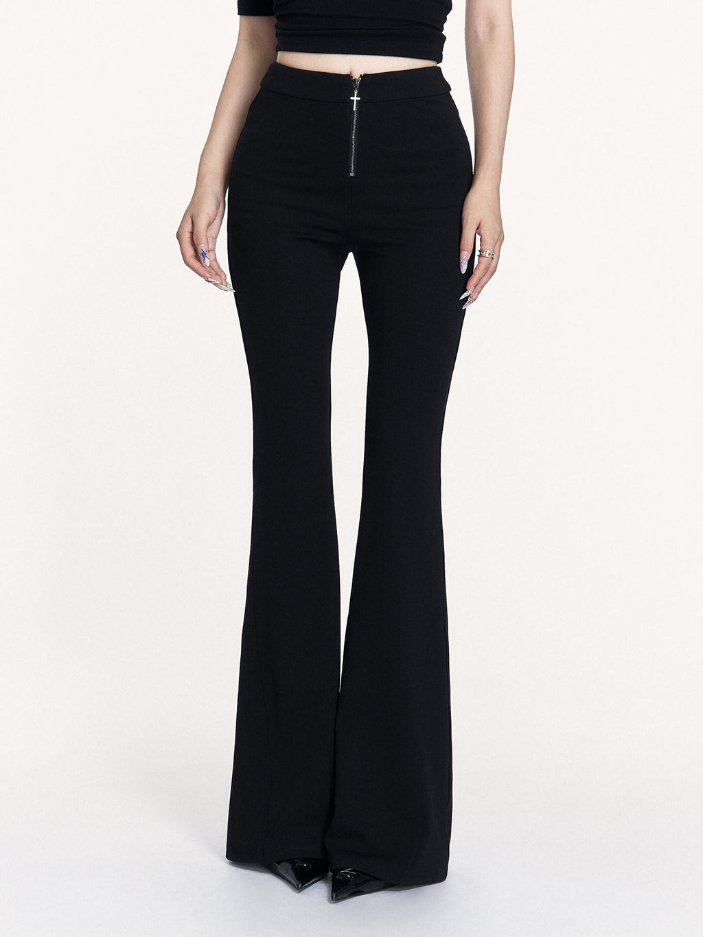 VOCK Black Cross Zipper Slim Mid Rise Women's Cotton Blend Micro Stretch Flare Pants