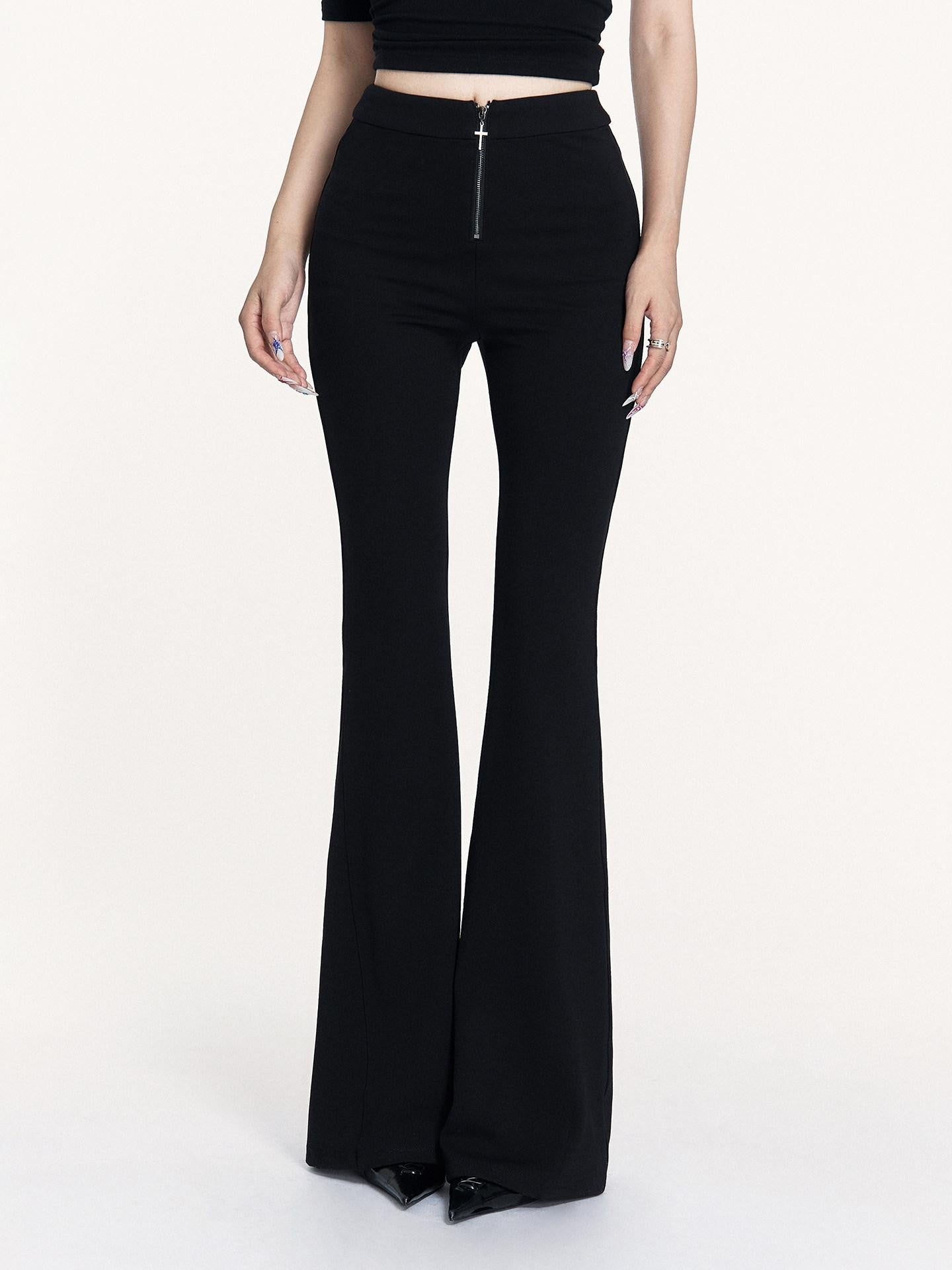 VOCK Black Cross Zipper Slim Mid Rise Women's Cotton Blend Micro Stretch Flare Pants