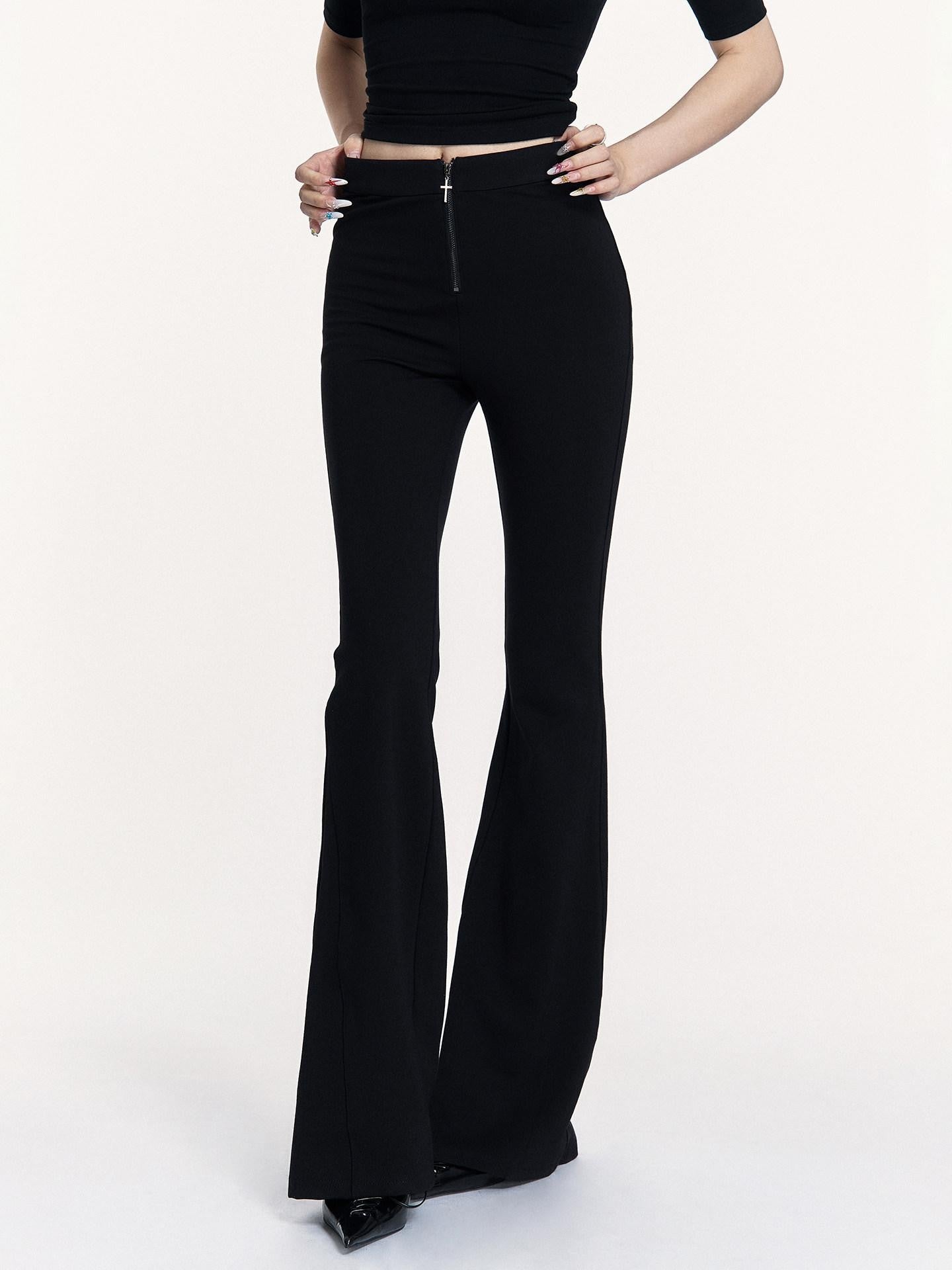 VOCK Black Cross Zipper Slim Mid Rise Women's Cotton Blend Micro Stretch Flare Pants