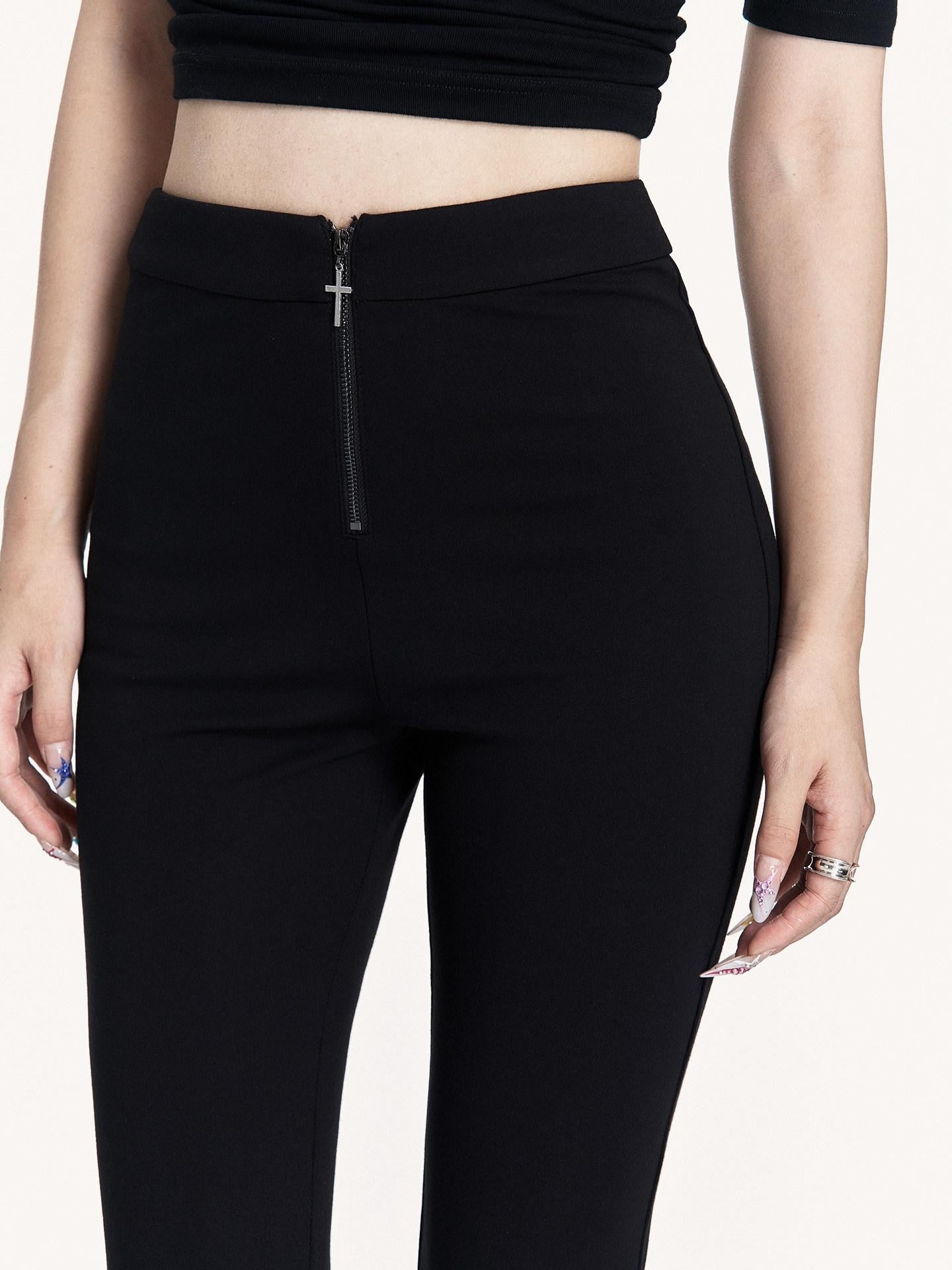 VOCK Black Cross Zipper Slim Mid Rise Women's Cotton Blend Micro Stretch Flare Pants